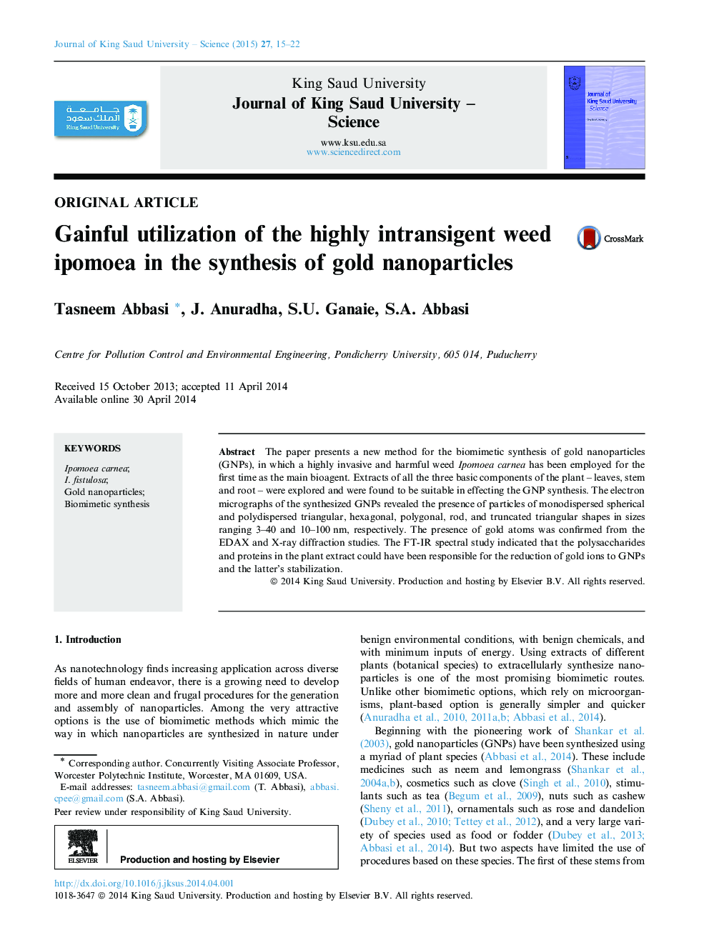 Gainful utilization of the highly intransigent weed ipomoea in the synthesis of gold nanoparticles 