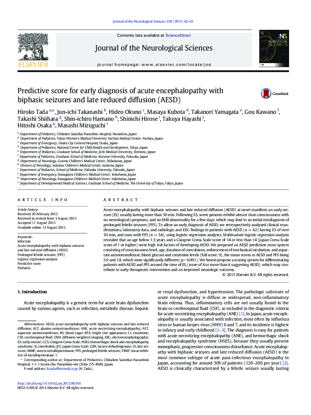 Predictive score for early diagnosis of acute encephalopathy with biphasic seizures and late reduced diffusion (AESD)