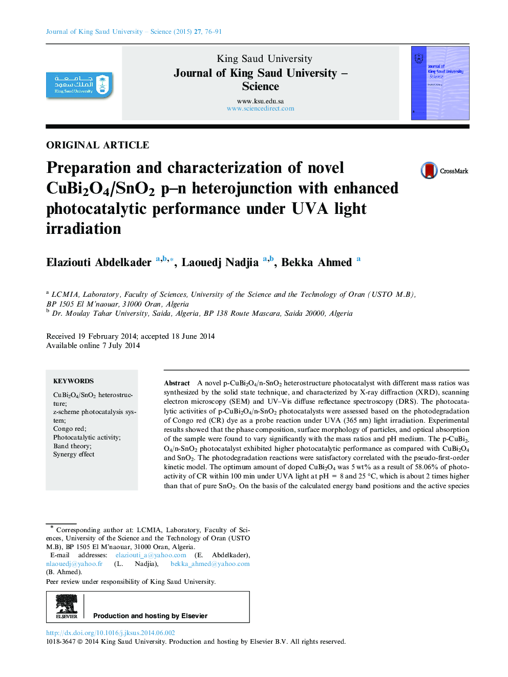 Preparation and characterization of novel CuBi2O4/SnO2 p–n heterojunction with enhanced photocatalytic performance under UVA light irradiation 