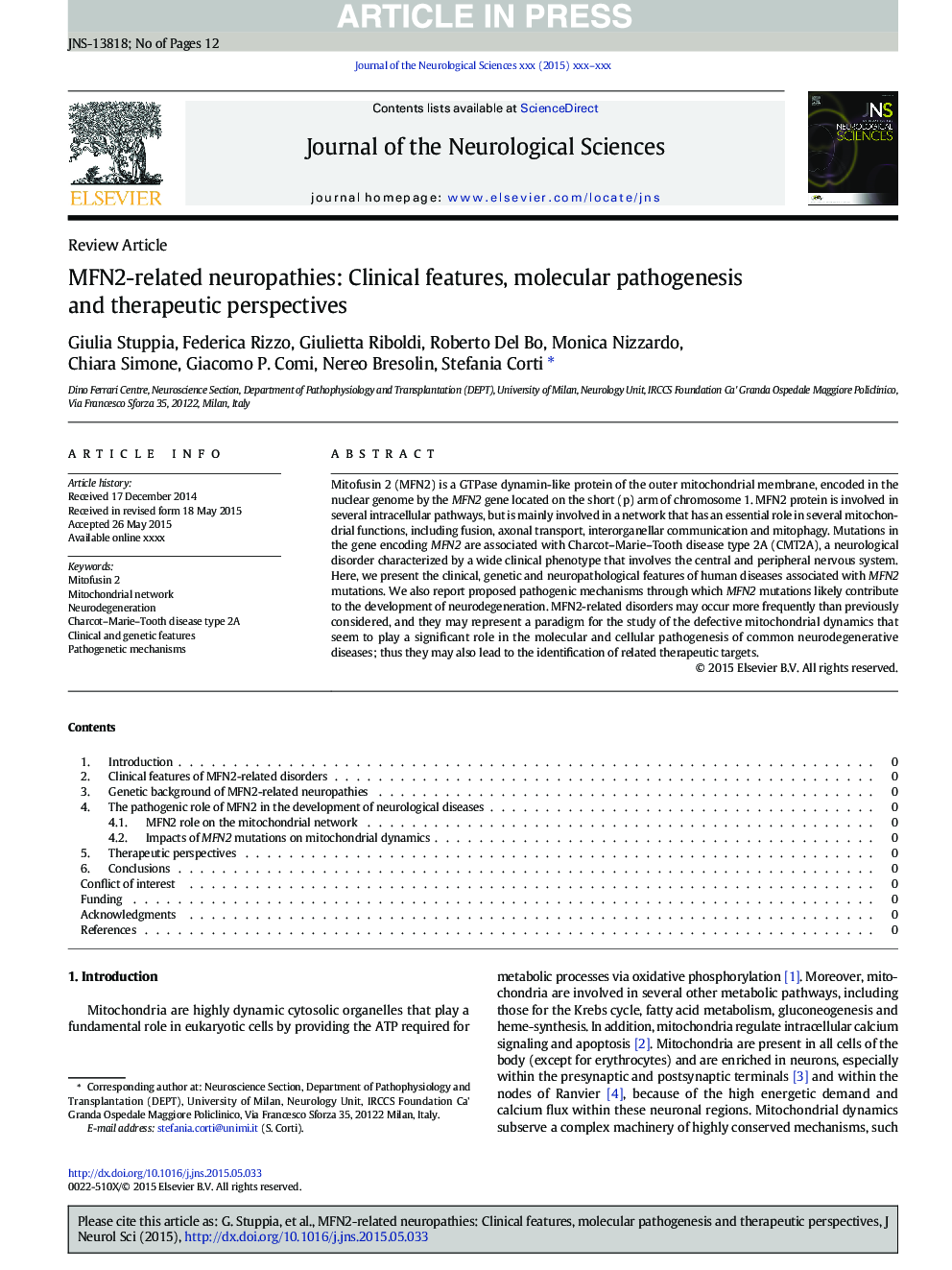 MFN2-related neuropathies: Clinical features, molecular pathogenesis and therapeutic perspectives