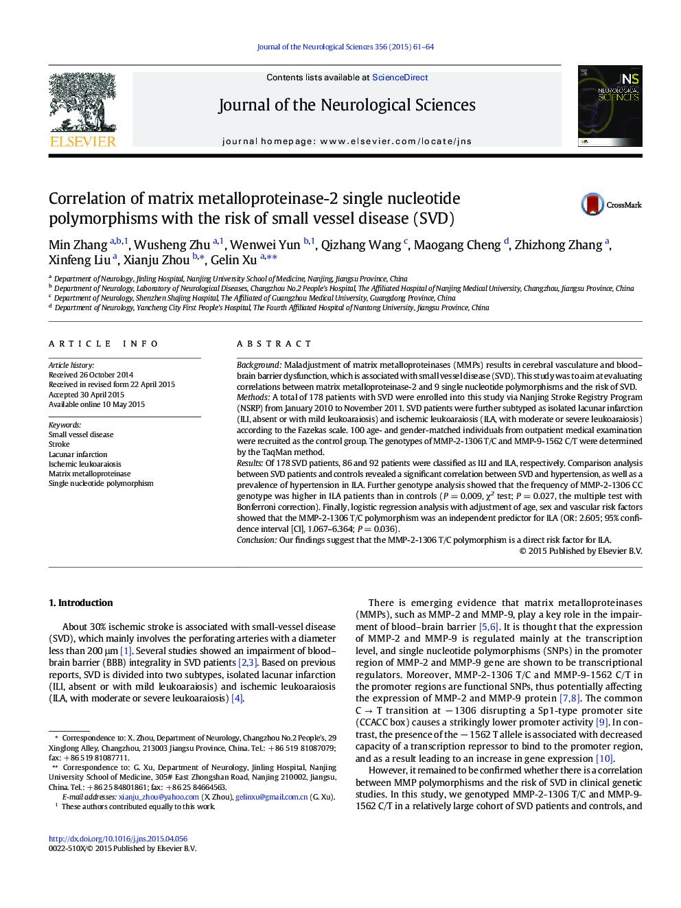 Correlation of matrix metalloproteinase-2 single nucleotide polymorphisms with the risk of small vessel disease (SVD)