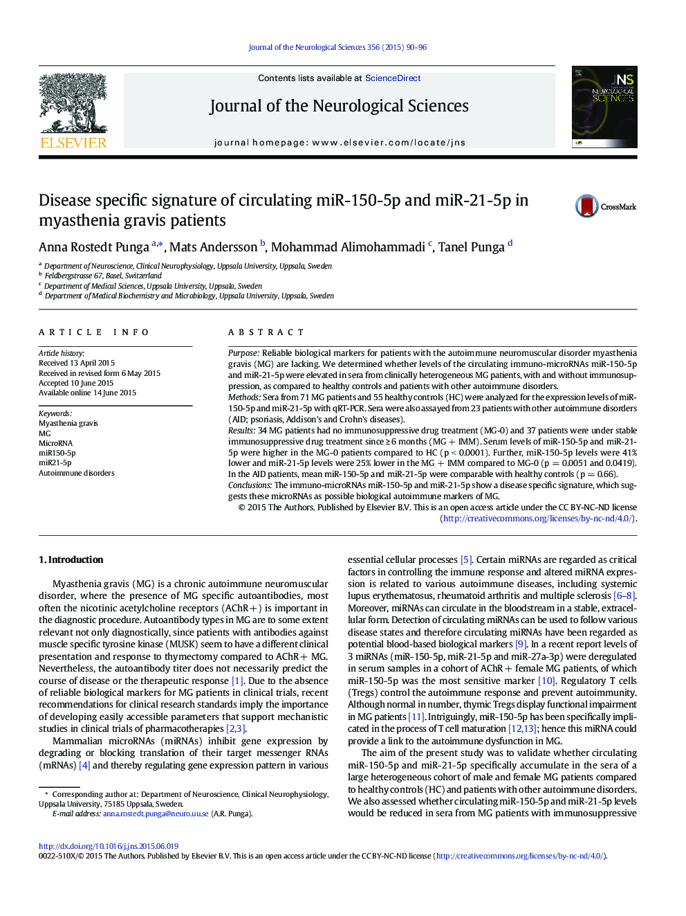 Disease specific signature of circulating miR-150-5p and miR-21-5p in myasthenia gravis patients