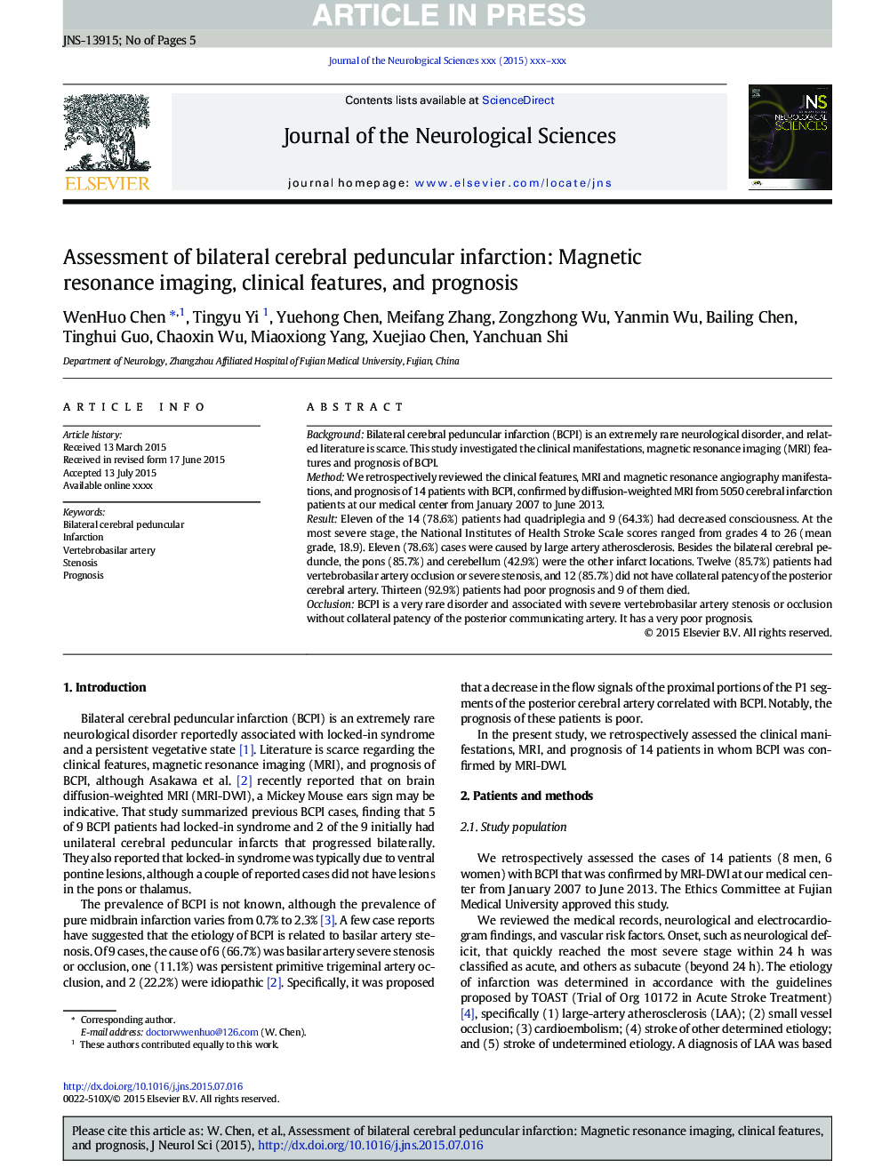 Assessment of bilateral cerebral peduncular infarction: Magnetic resonance imaging, clinical features, and prognosis