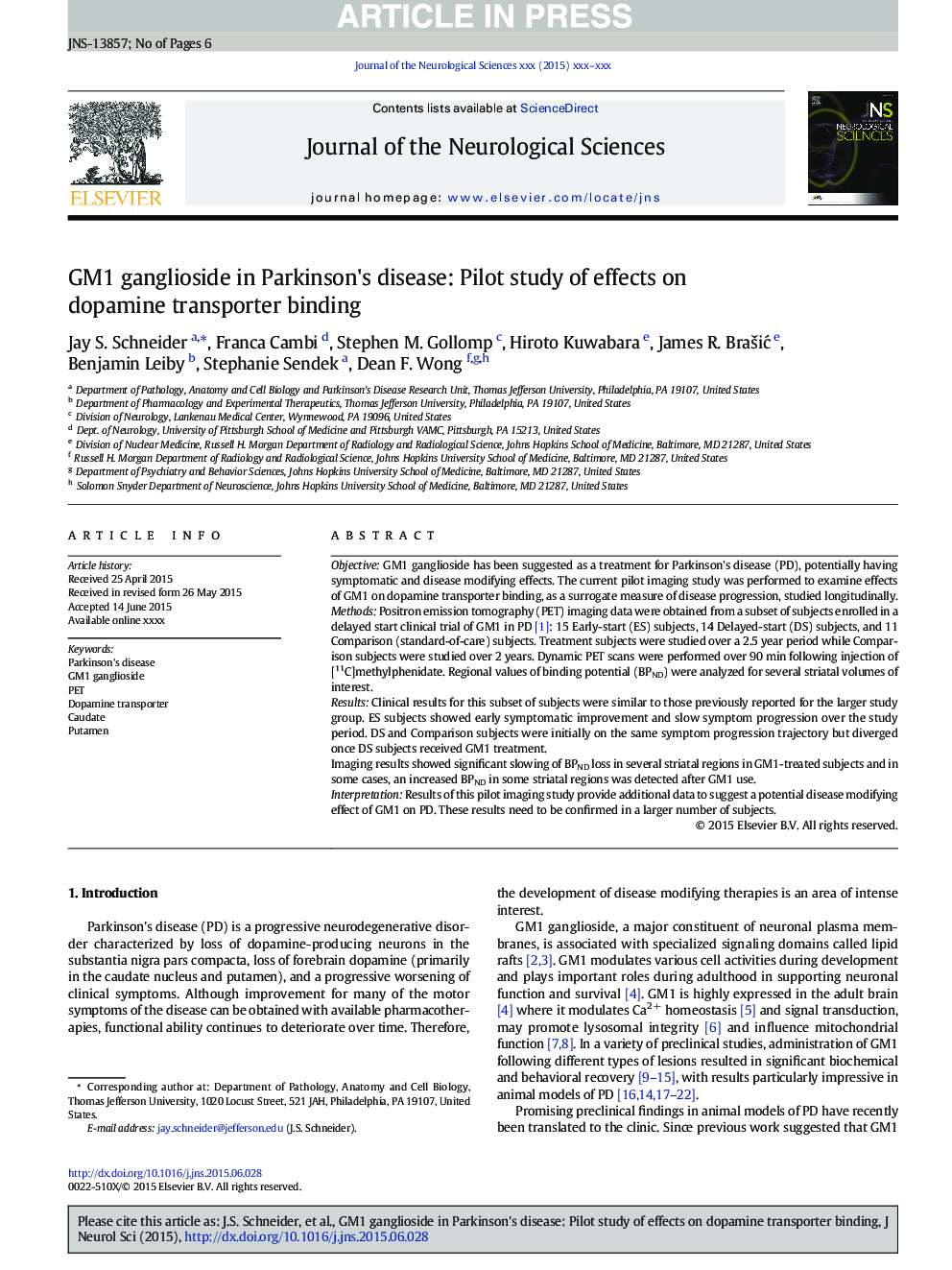 GM1 ganglioside in Parkinson's disease: Pilot study of effects on dopamine transporter binding