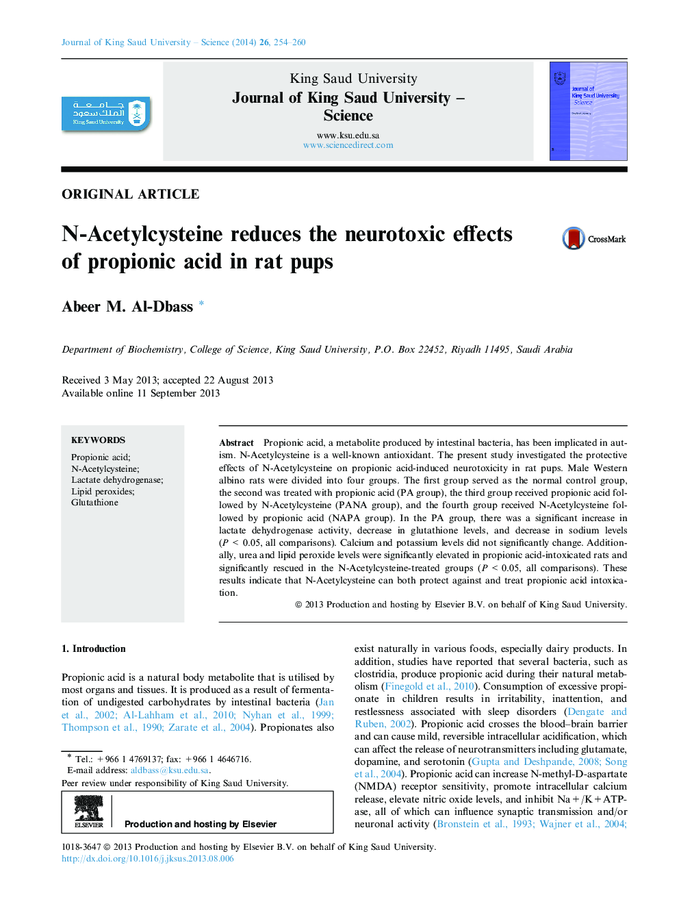 N-Acetylcysteine reduces the neurotoxic effects of propionic acid in rat pups 