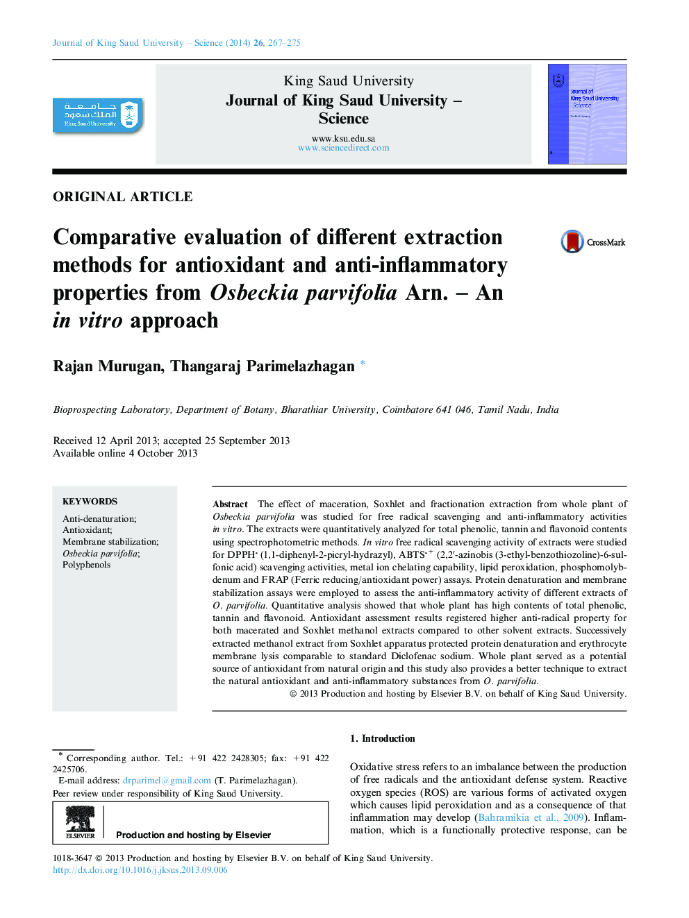 Comparative evaluation of different extraction methods for antioxidant and anti-inflammatory properties from Osbeckia parvifolia Arn. – An in vitro approach 