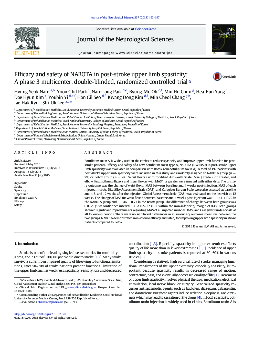 Efficacy and safety of NABOTA in post-stroke upper limb spasticity: A phase 3 multicenter, double-blinded, randomized controlled trial