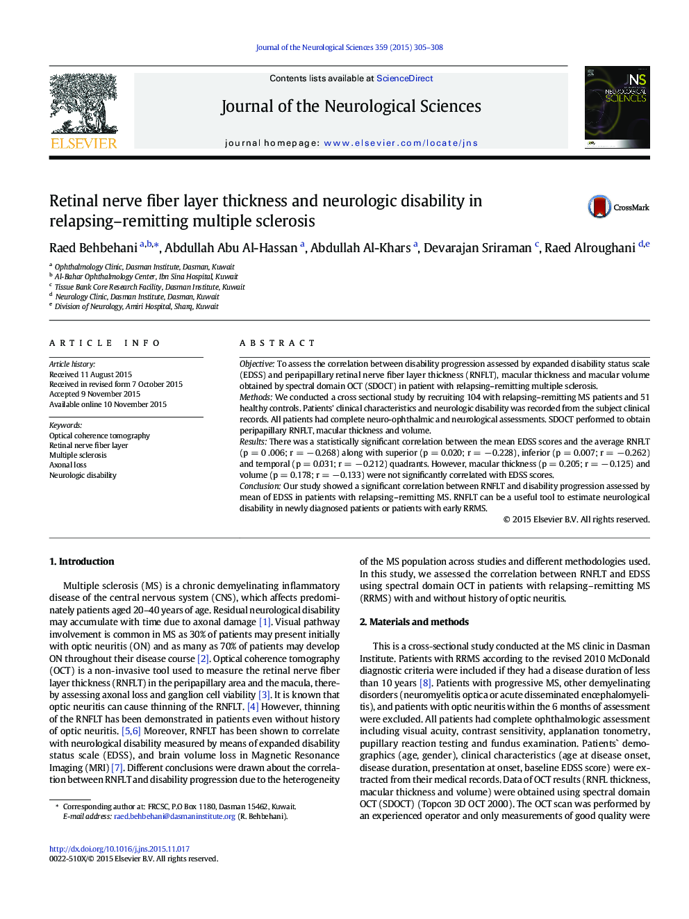 Retinal nerve fiber layer thickness and neurologic disability in relapsing-remitting multiple sclerosis