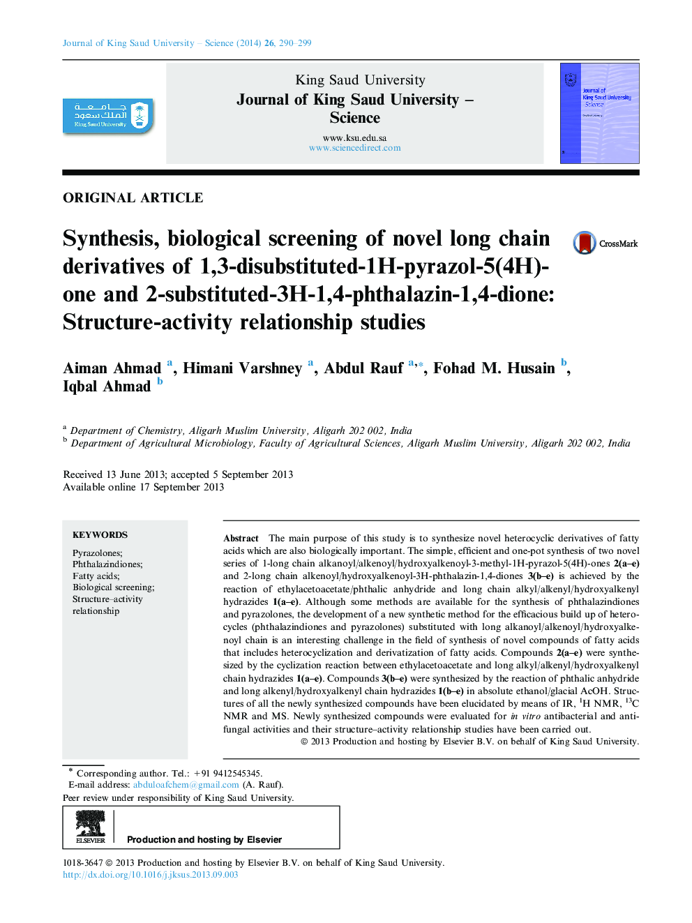 Synthesis, biological screening of novel long chain derivatives of 1,3-disubstituted-1H-pyrazol-5(4H)-one and 2-substituted-3H-1,4-phthalazin-1,4-dione: Structure-activity relationship studies 