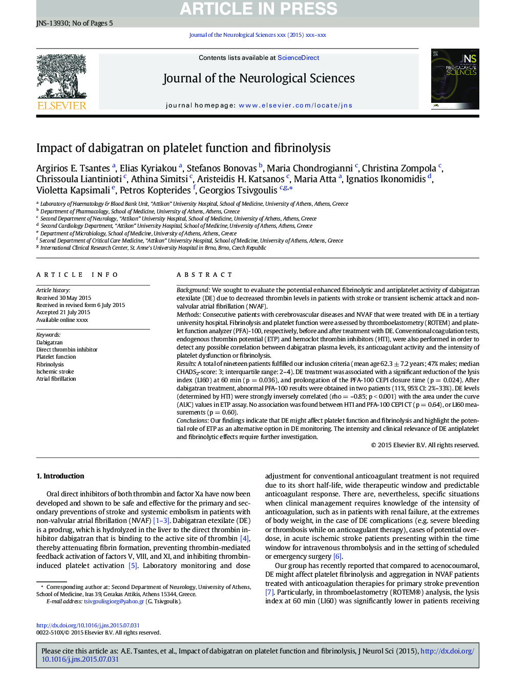 Impact of dabigatran on platelet function and fibrinolysis