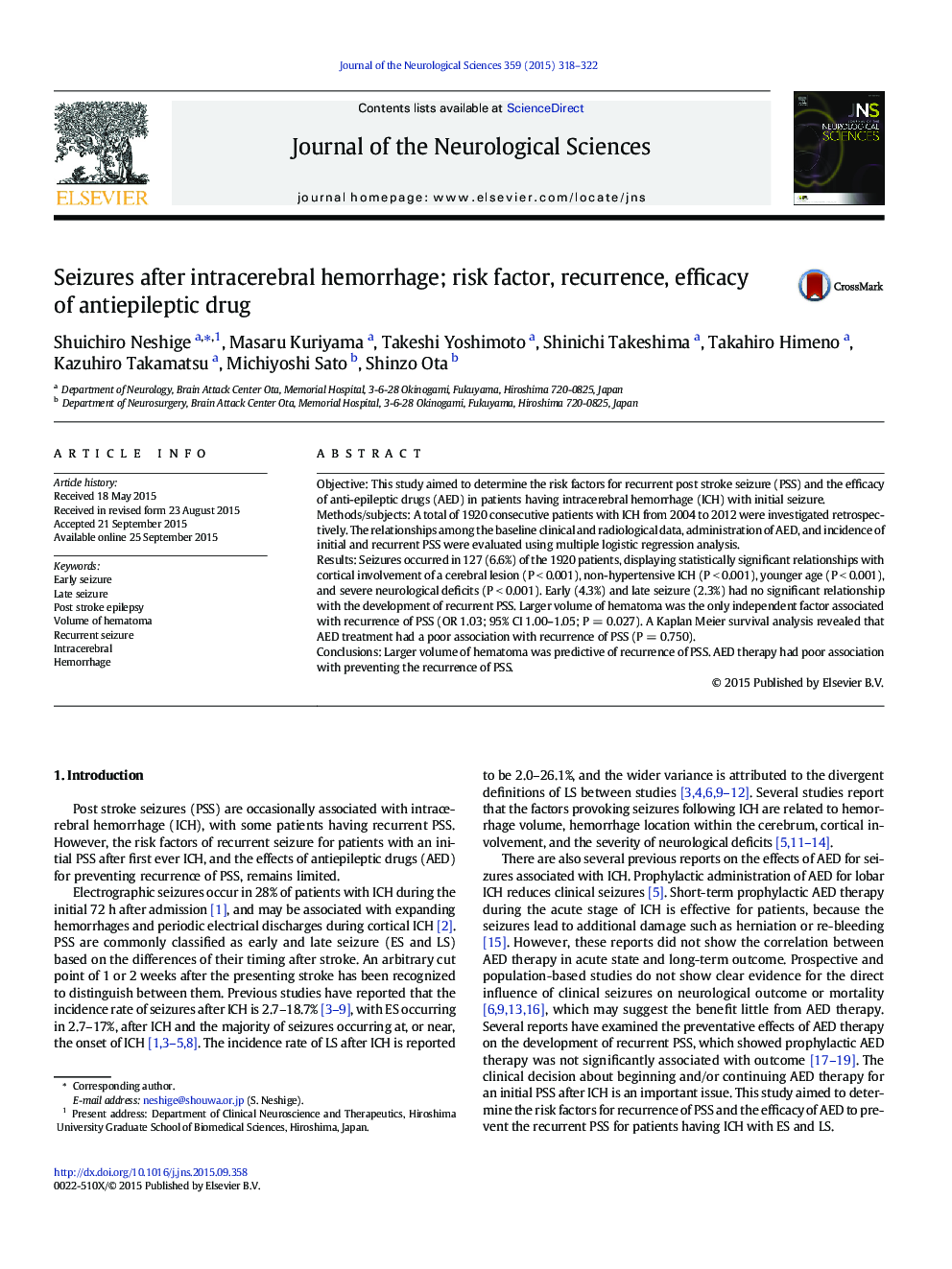 Seizures after intracerebral hemorrhage; risk factor, recurrence, efficacy of antiepileptic drug