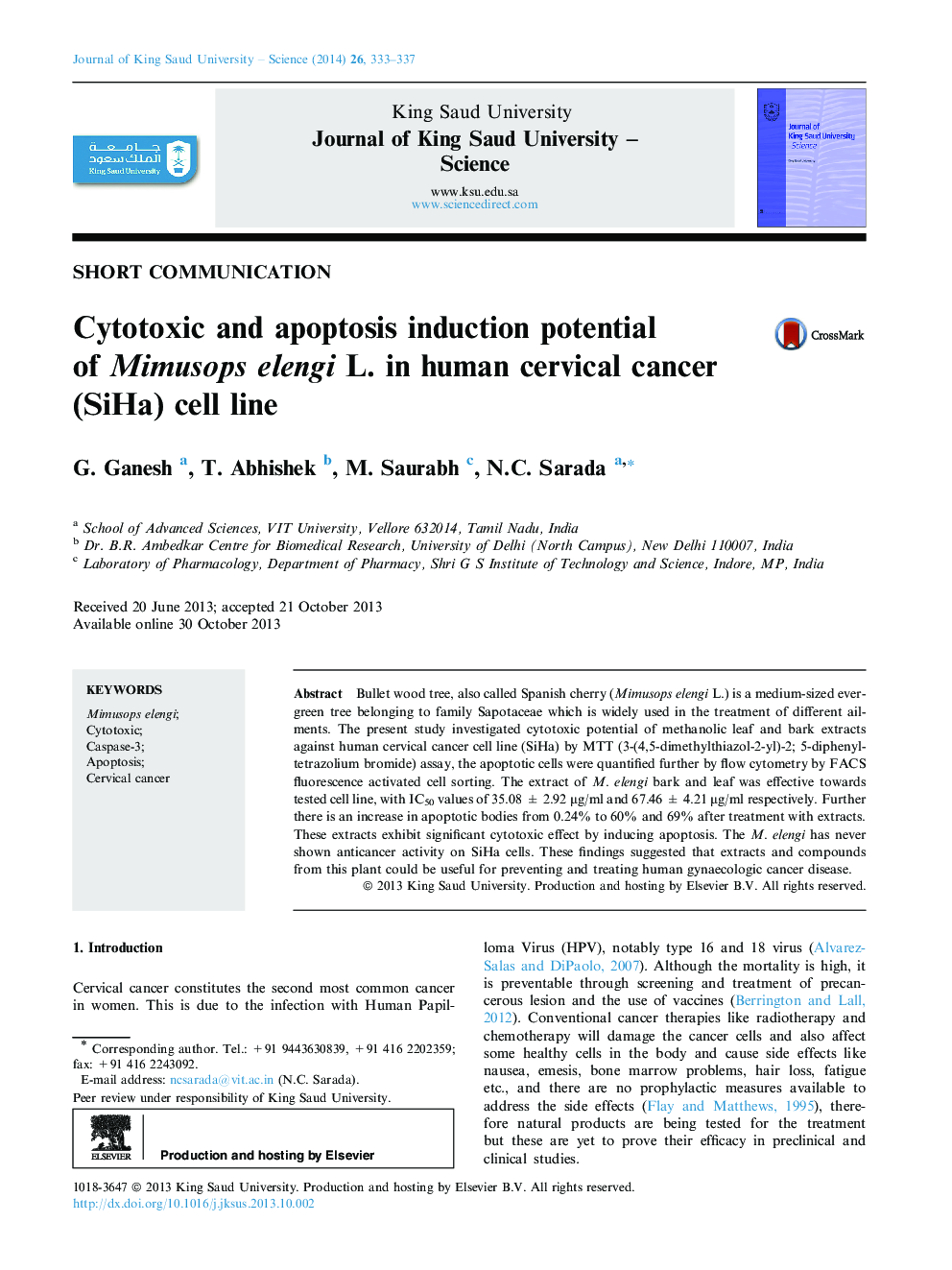 Cytotoxic and apoptosis induction potential of Mimusops elengi L. in human cervical cancer (SiHa) cell line 