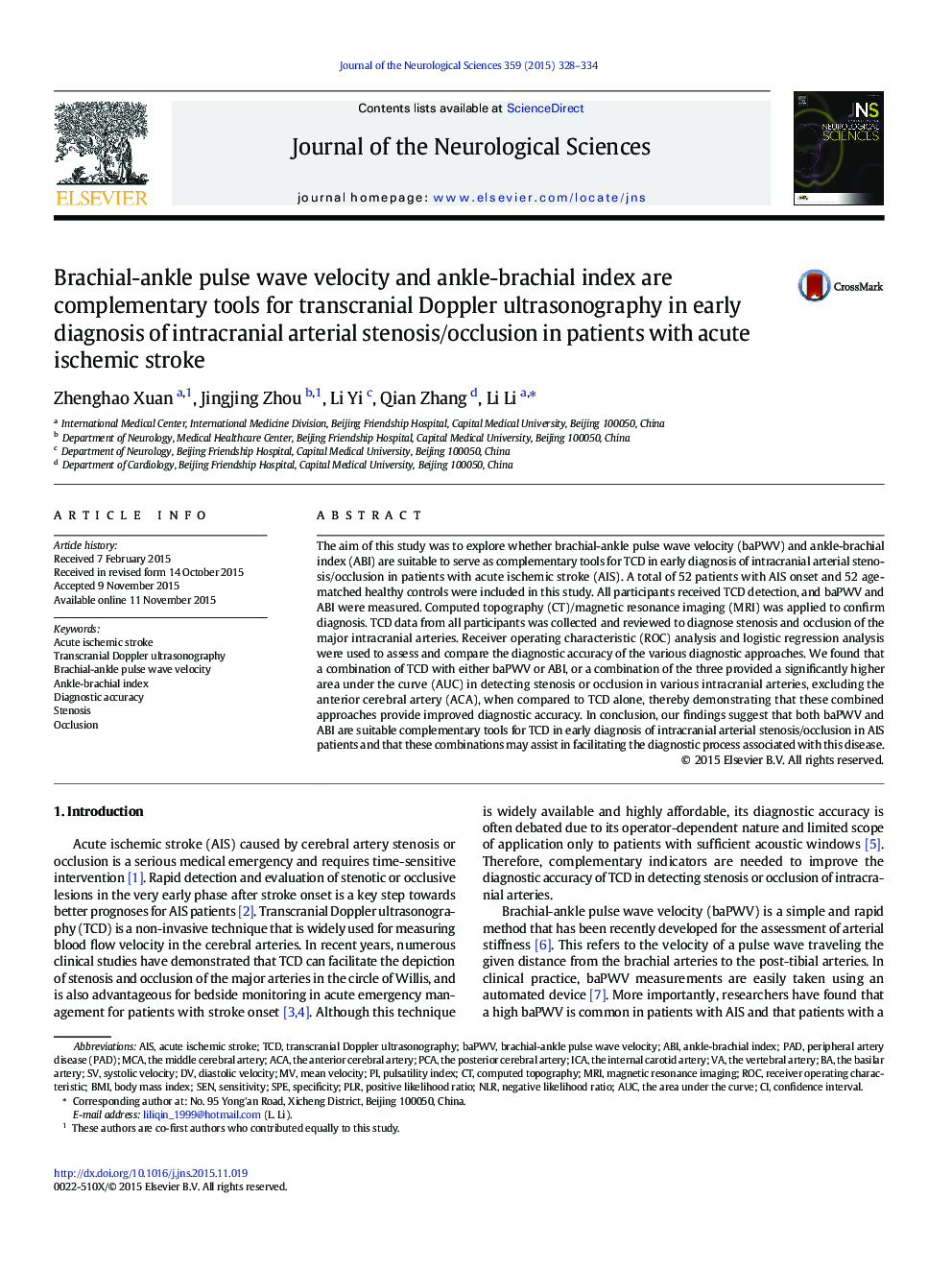 Brachial-ankle pulse wave velocity and ankle-brachial index are complementary tools for transcranial Doppler ultrasonography in early diagnosis of intracranial arterial stenosis/occlusion in patients with acute ischemic stroke