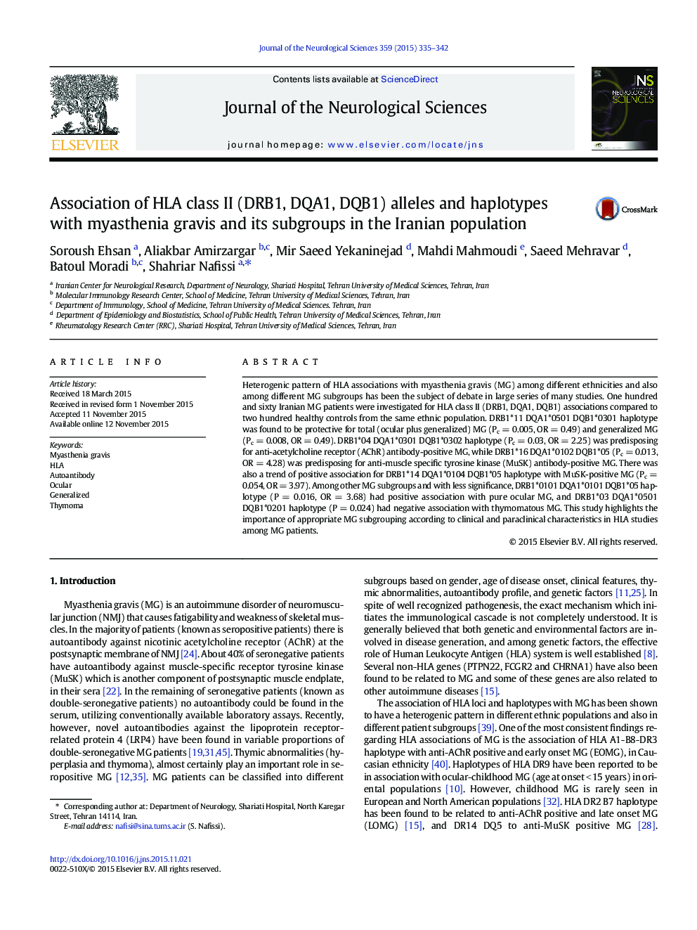 Association of HLA class II (DRB1, DQA1, DQB1) alleles and haplotypes with myasthenia gravis and its subgroups in the Iranian population