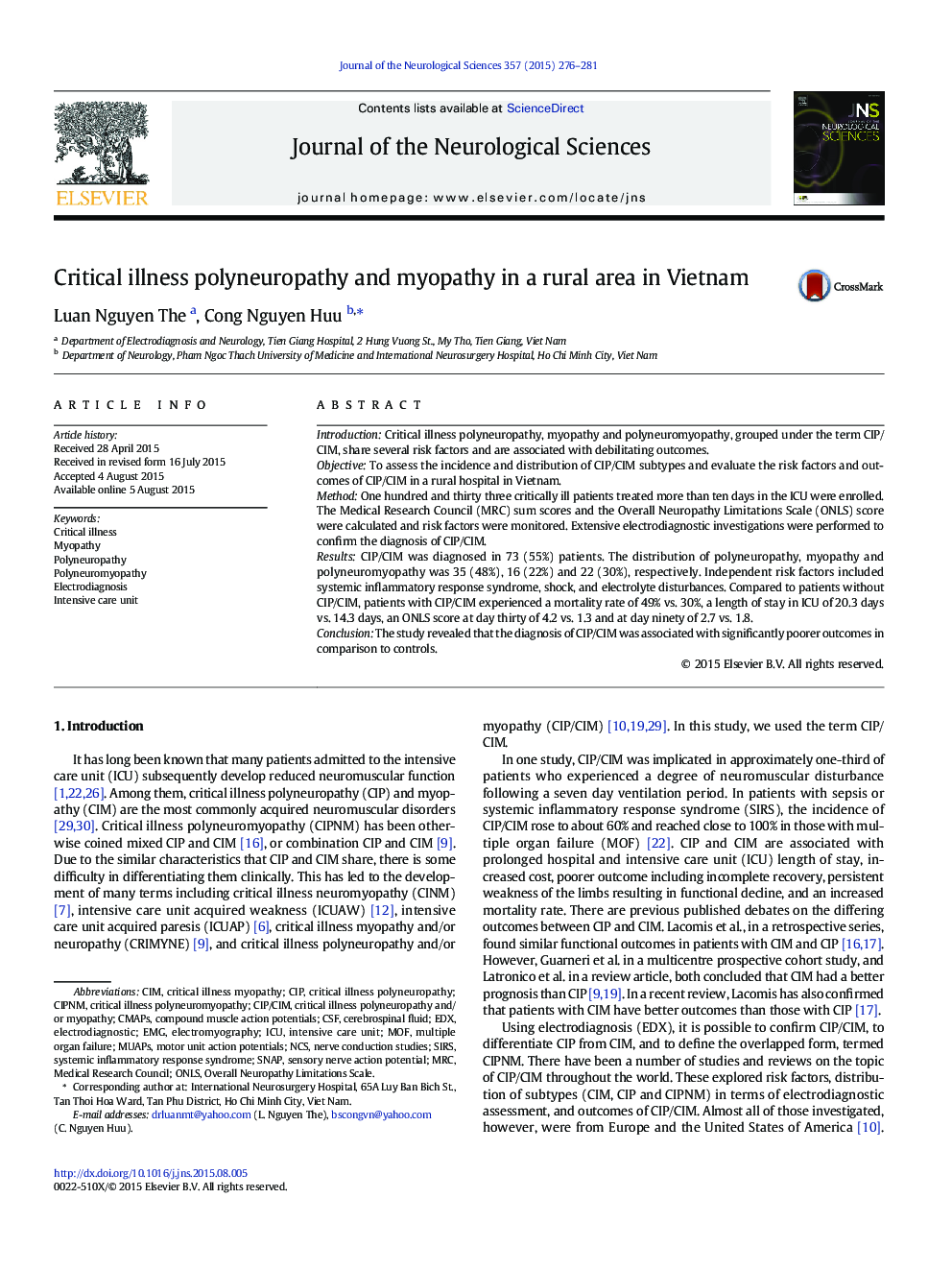 Critical illness polyneuropathy and myopathy in a rural area in Vietnam