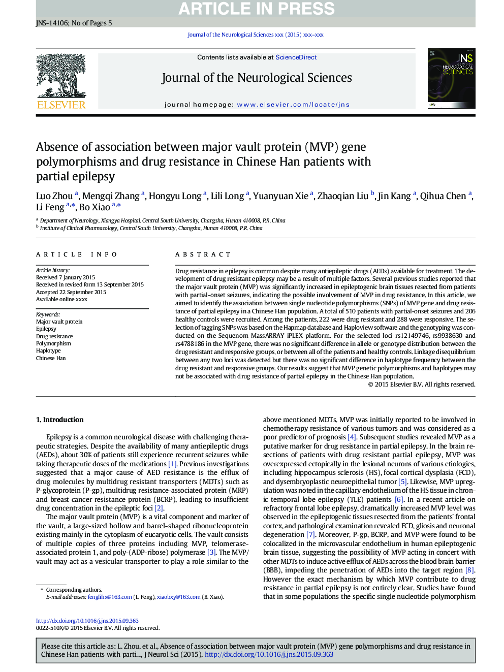 Absence of association between major vault protein (MVP) gene polymorphisms and drug resistance in Chinese Han patients with partial epilepsy