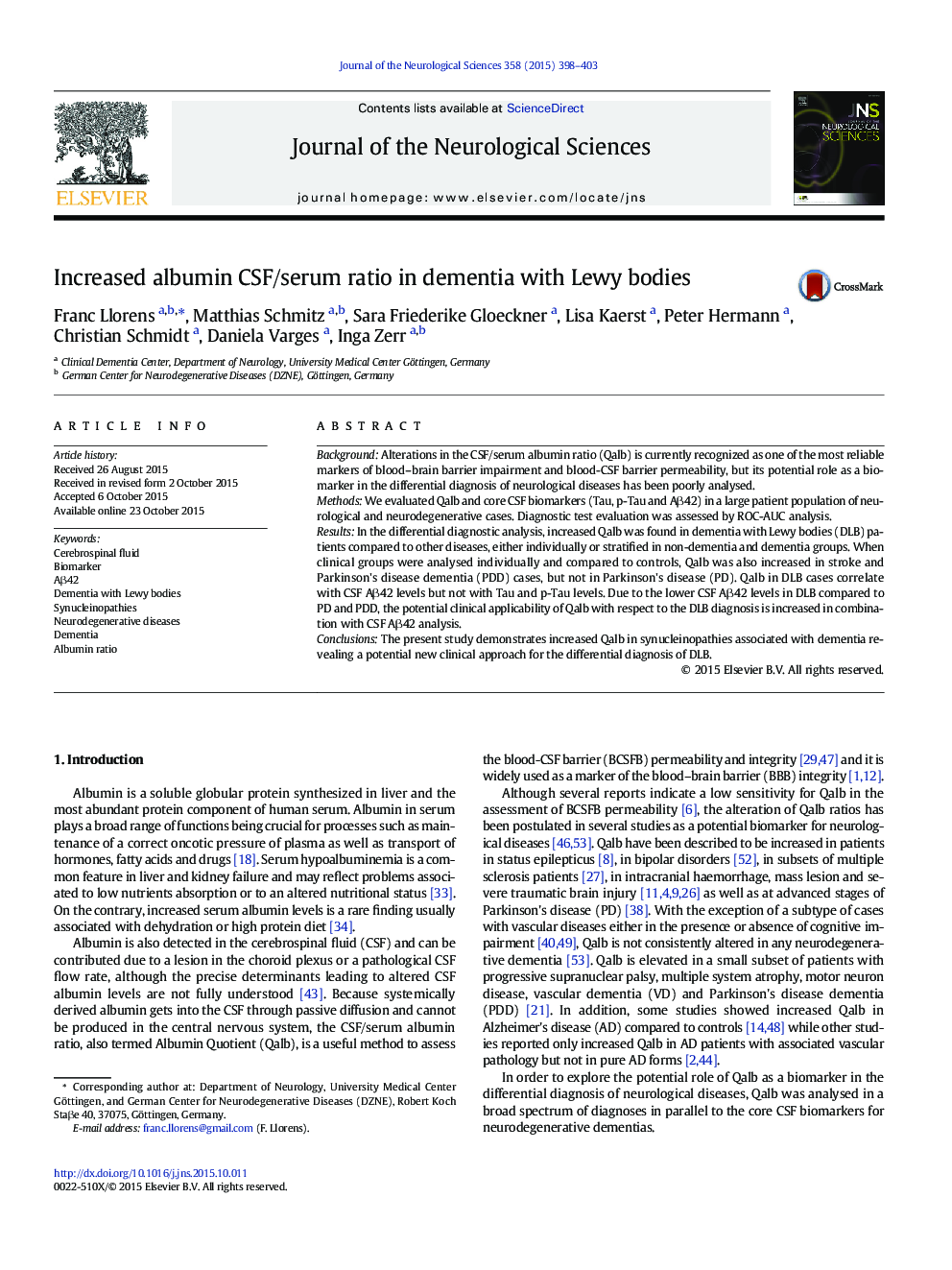 Increased albumin CSF/serum ratio in dementia with Lewy bodies