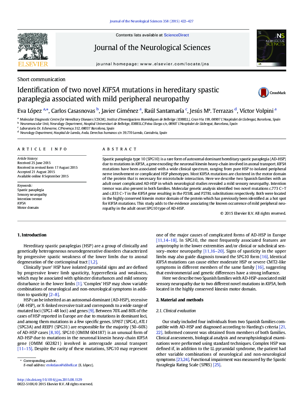 Identification of two novel KIF5A mutations in hereditary spastic paraplegia associated with mild peripheral neuropathy