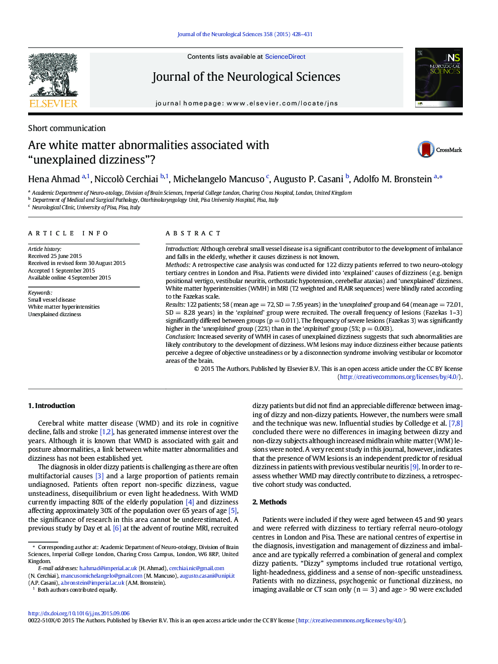 Are white matter abnormalities associated with “unexplained dizziness”?