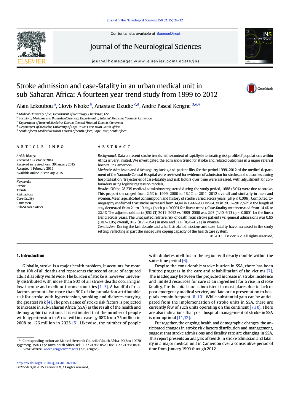 پذیرش سکته مغزی و فاکتور مرگ و میر در یک واحد پزشکی شهری در کشورهای جنوب صحرای آفریقا: یک مطالعه چهارده ساله از سال 1999 تا 2012 