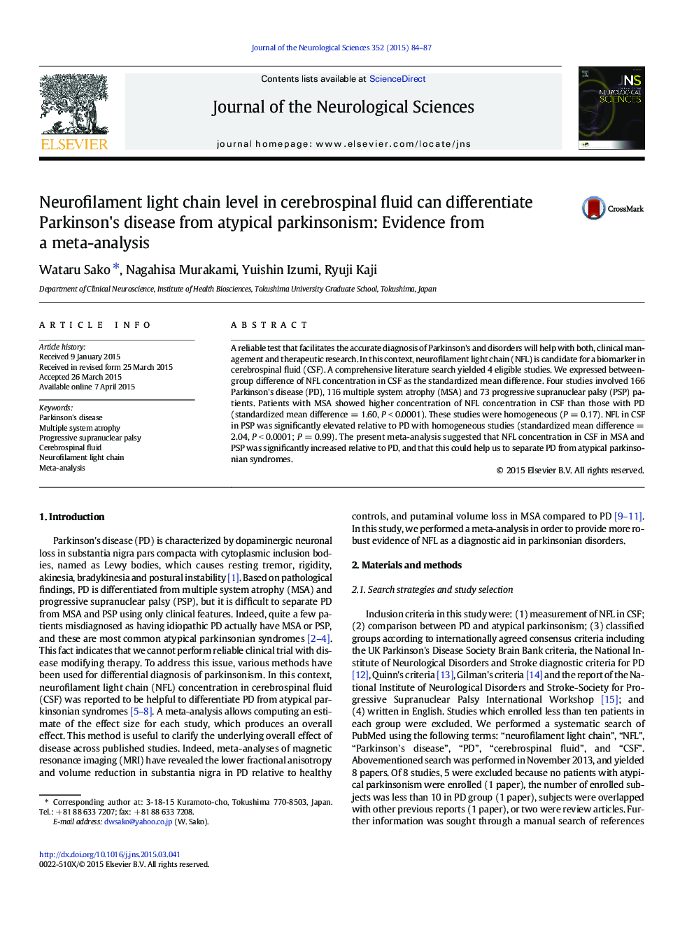 Neurofilament light chain level in cerebrospinal fluid can differentiate Parkinson's disease from atypical parkinsonism: Evidence from a meta-analysis