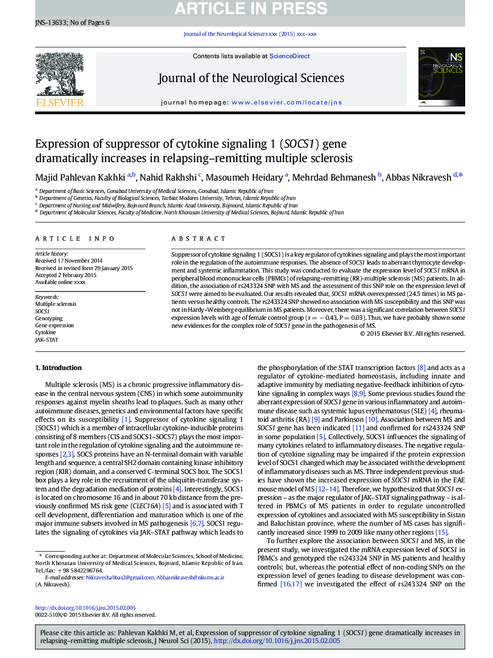 Expression of suppressor of cytokine signaling 1 (SOCS1) gene dramatically increases in relapsing-remitting multiple sclerosis