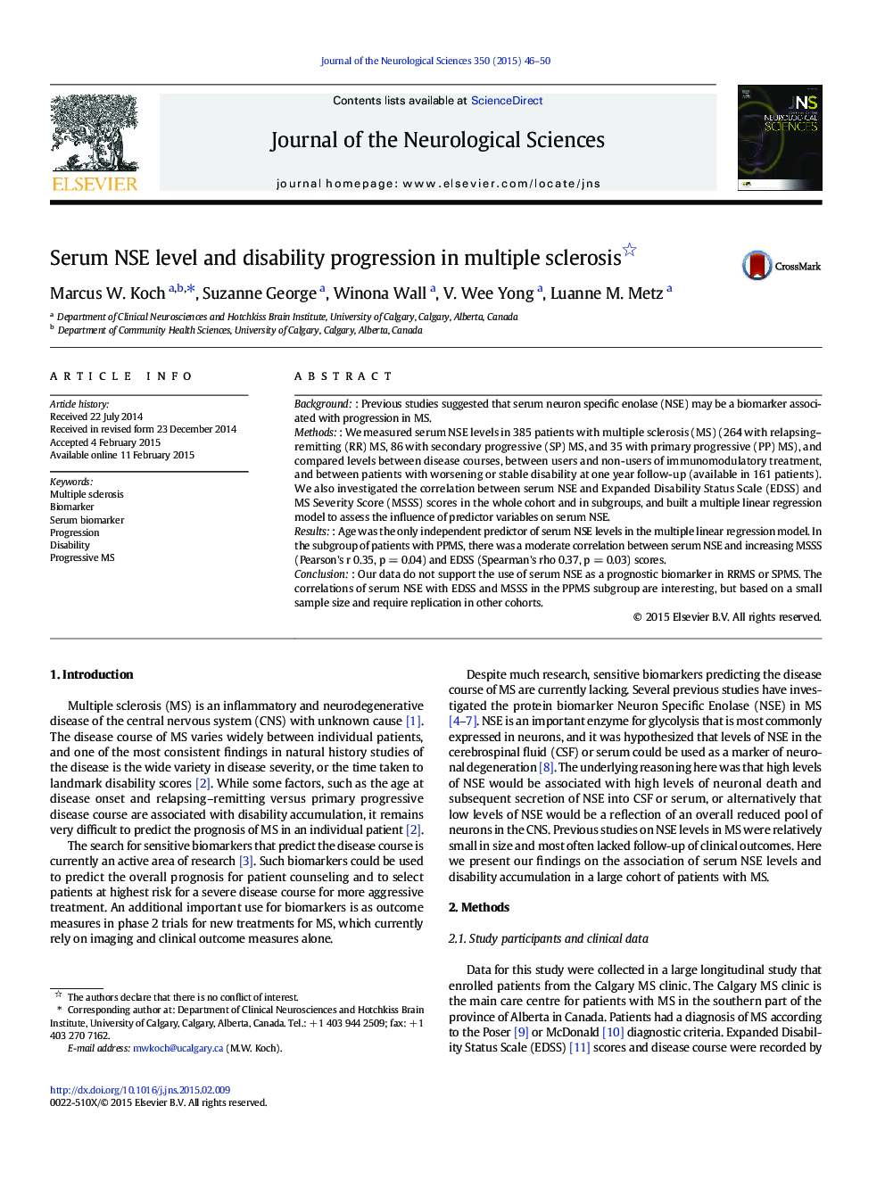 Serum NSE level and disability progression in multiple sclerosis