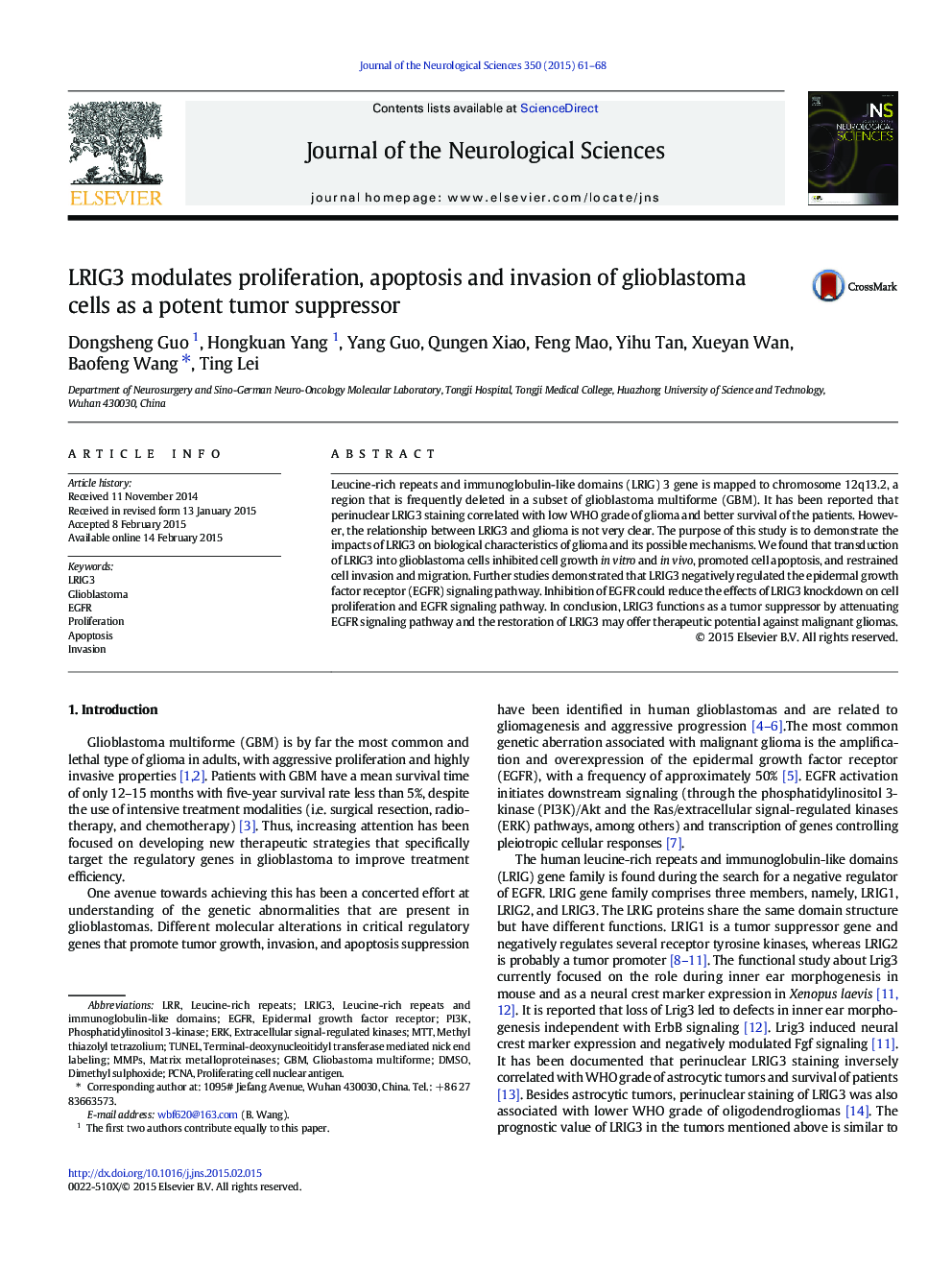 LRIG3 modulates proliferation, apoptosis and invasion of glioblastoma cells as a potent tumor suppressor