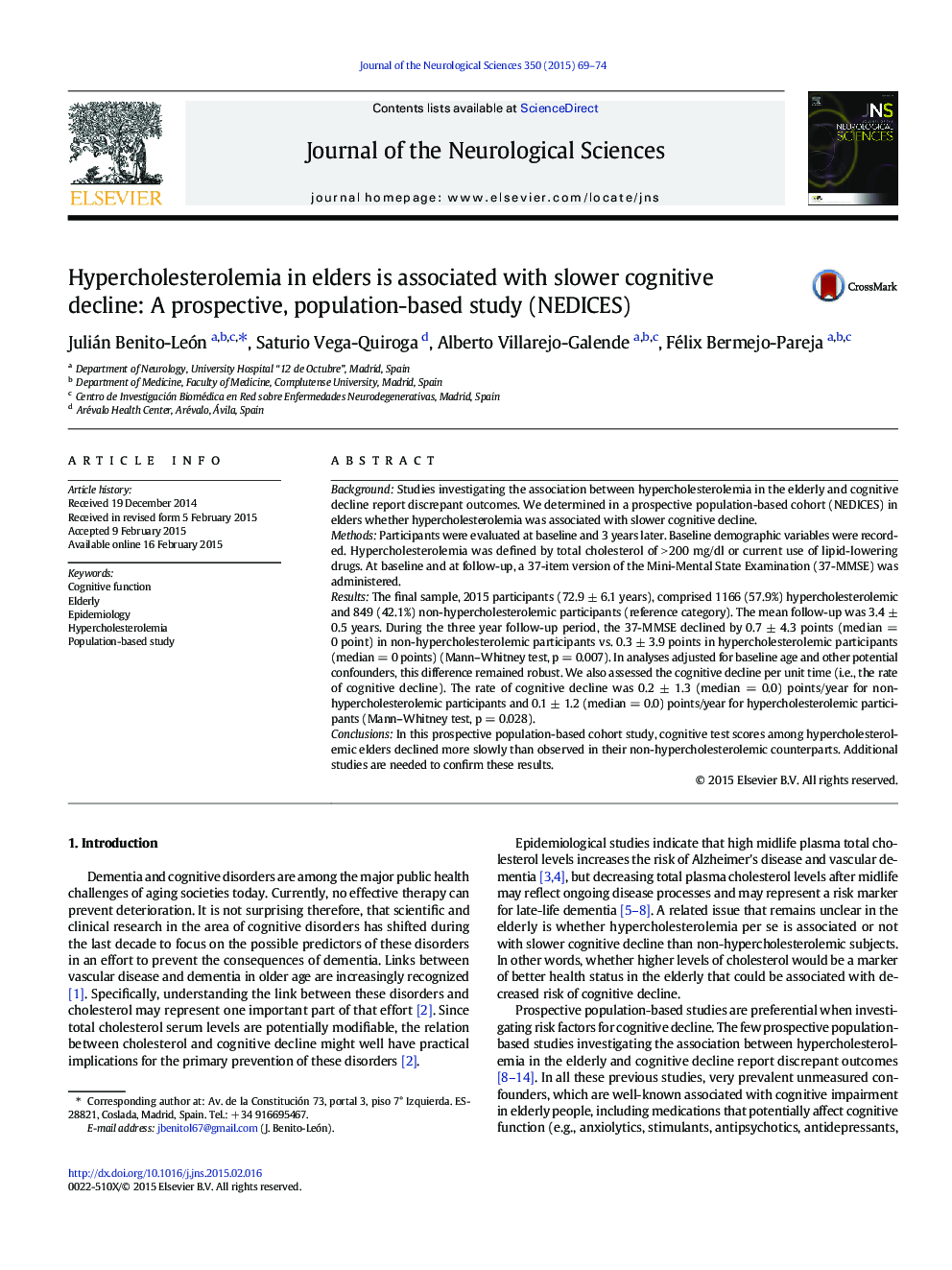 Hypercholesterolemia in elders is associated with slower cognitive decline: A prospective, population-based study (NEDICES)