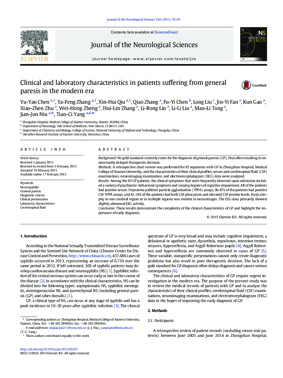 Clinical and laboratory characteristics in patients suffering from general paresis in the modern era