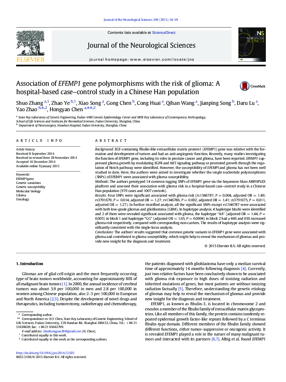 Association of EFEMP1 gene polymorphisms with the risk of glioma: A hospital-based case-control study in a Chinese Han population