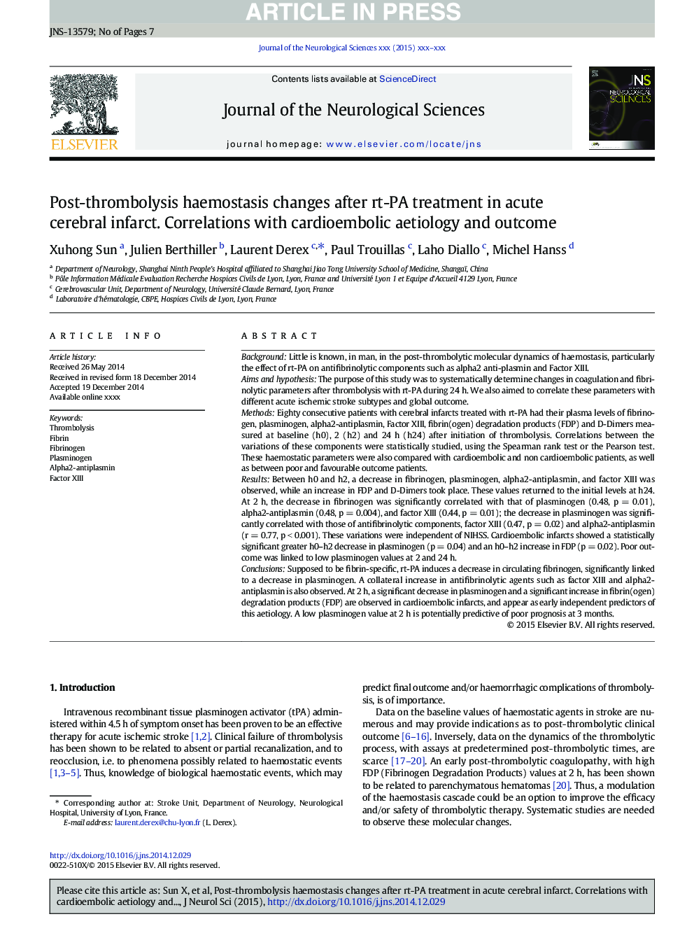 Post-thrombolysis haemostasis changes after rt-PA treatment in acute cerebral infarct. Correlations with cardioembolic aetiology and outcome