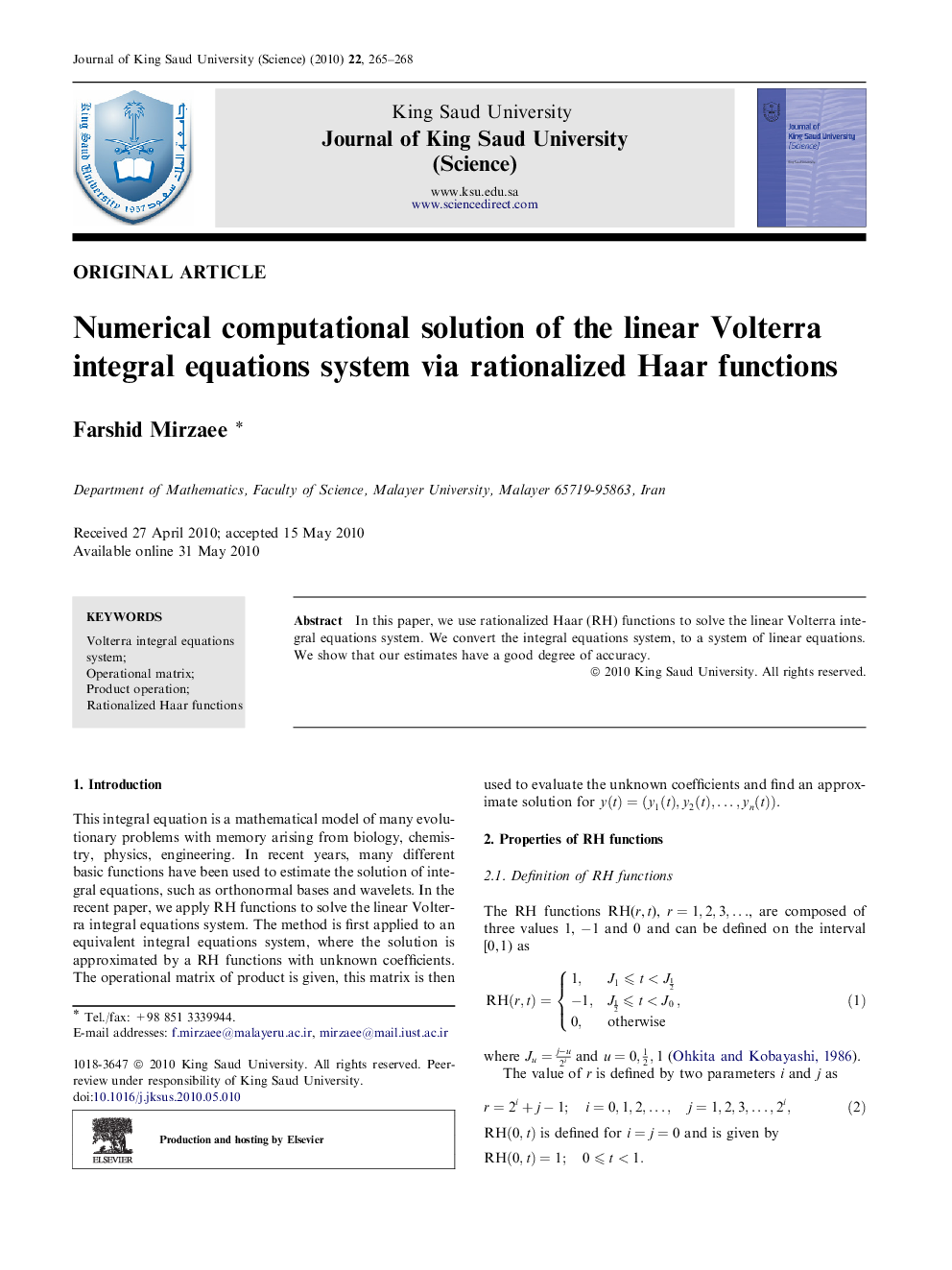 Numerical computational solution of the linear Volterra integral equations system via rationalized Haar functions 