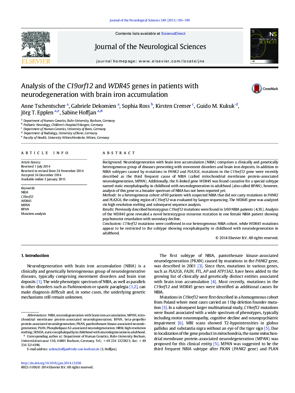 Analysis of the C19orf12 and WDR45 genes in patients with neurodegeneration with brain iron accumulation