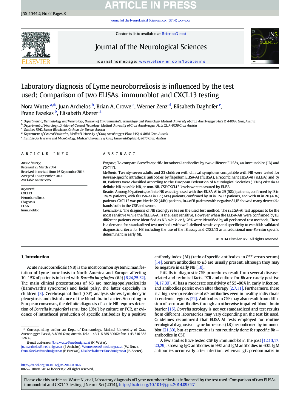 Laboratory diagnosis of Lyme neuroborreliosis is influenced by the test used: Comparison of two ELISAs, immunoblot and CXCL13 testing