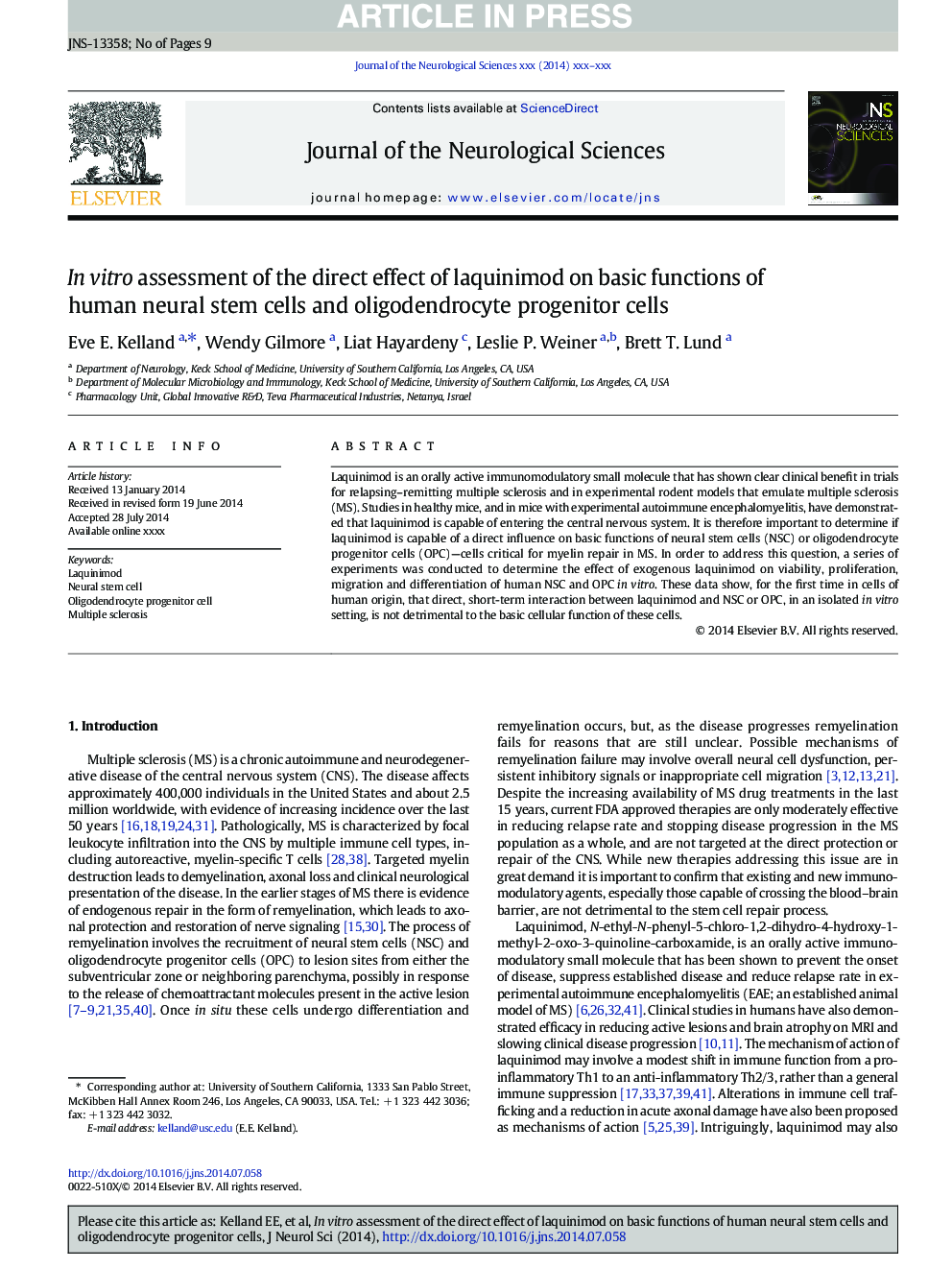 In vitro assessment of the direct effect of laquinimod on basic functions of human neural stem cells and oligodendrocyte progenitor cells