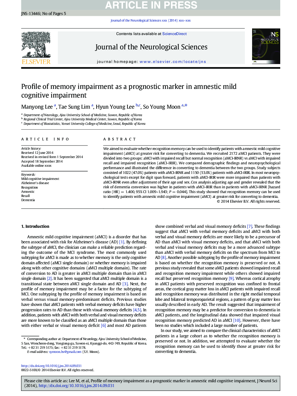 Profile of memory impairment as a prognostic marker in amnestic mild cognitive impairment