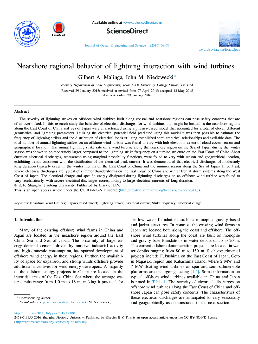 Nearshore regional behavior of lightning interaction with wind turbines
