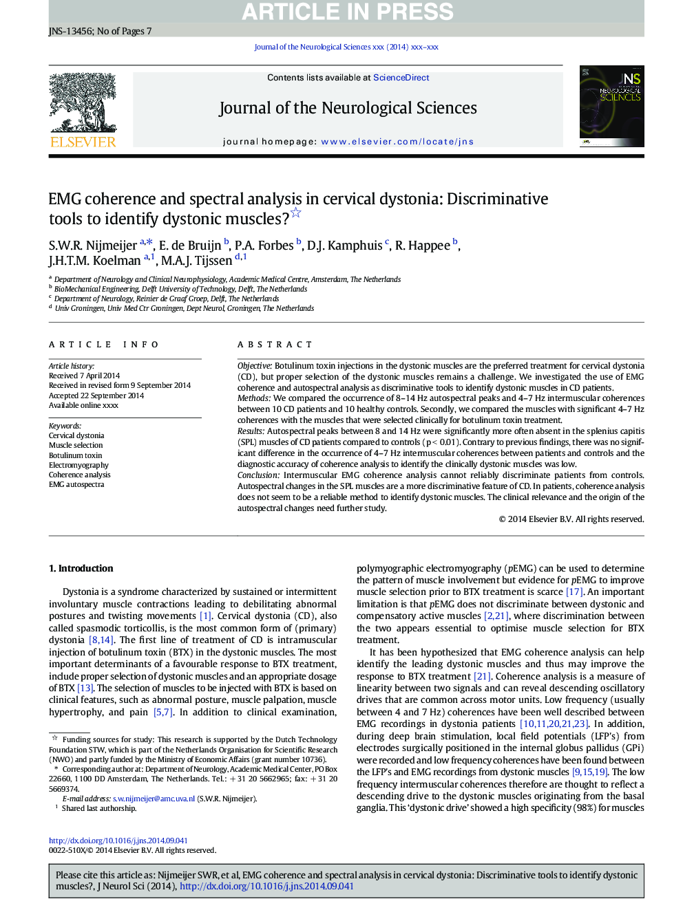 EMG coherence and spectral analysis in cervical dystonia: Discriminative tools to identify dystonic muscles?