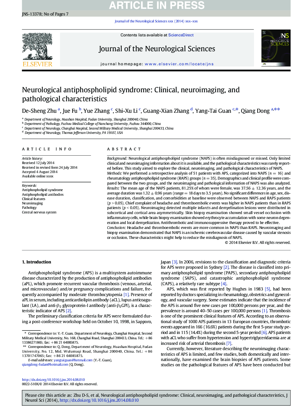 Neurological antiphospholipid syndrome: Clinical, neuroimaging, and pathological characteristics