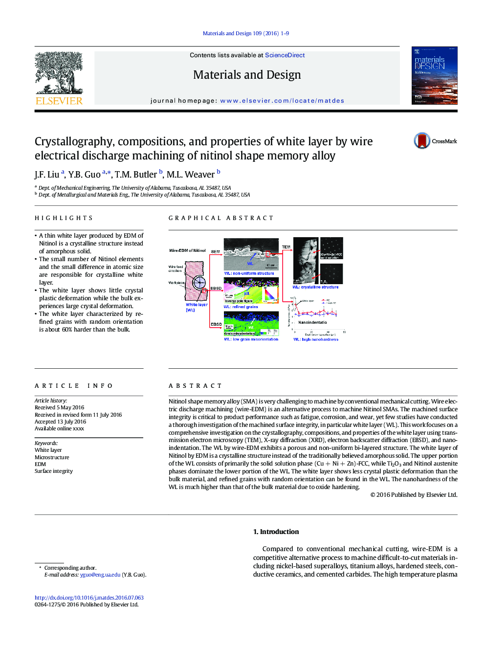 Crystallography, compositions, and properties of white layer by wire electrical discharge machining of nitinol shape memory alloy