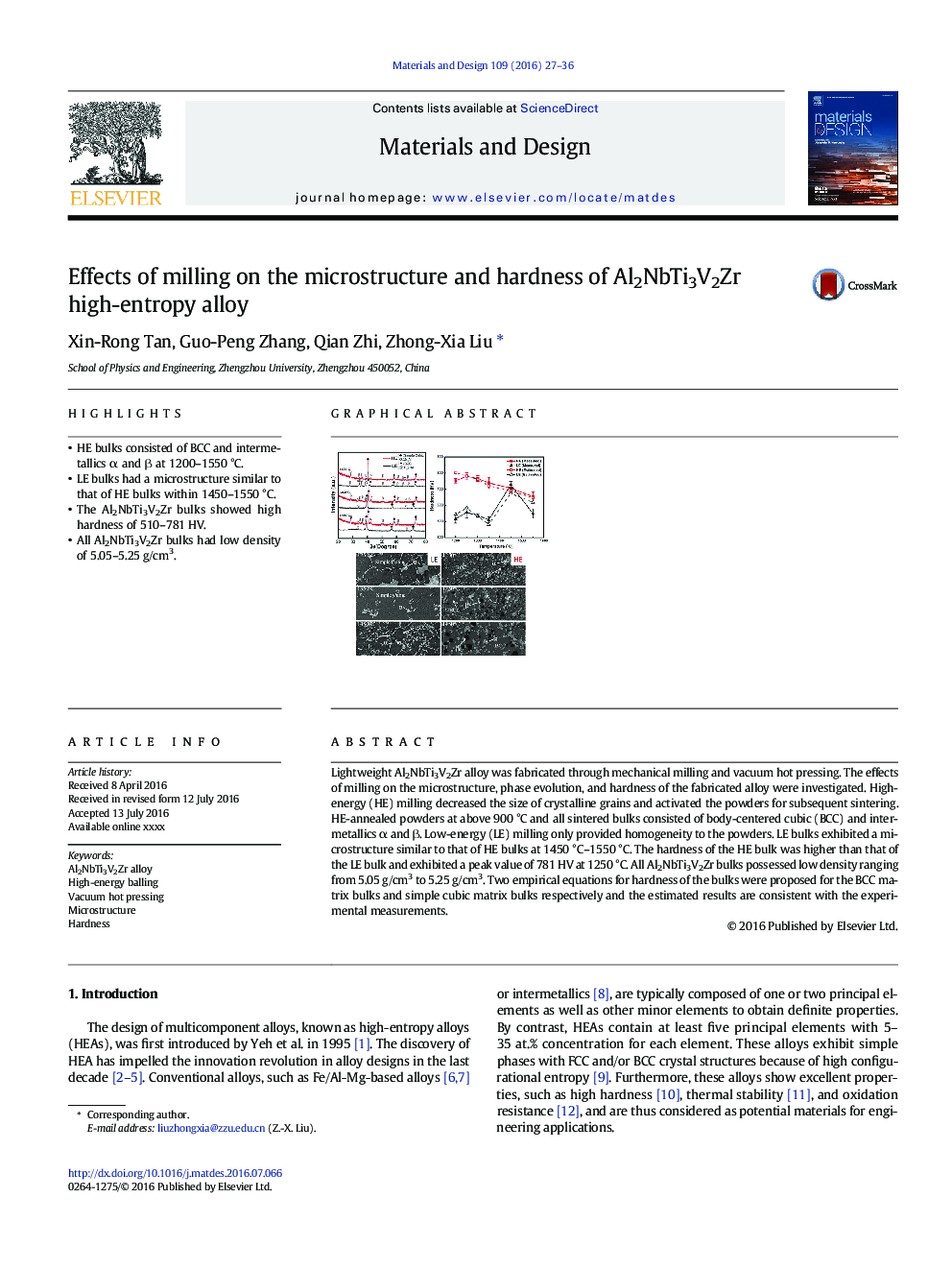 Effects of milling on the microstructure and hardness of Al2NbTi3V2Zr high-entropy alloy