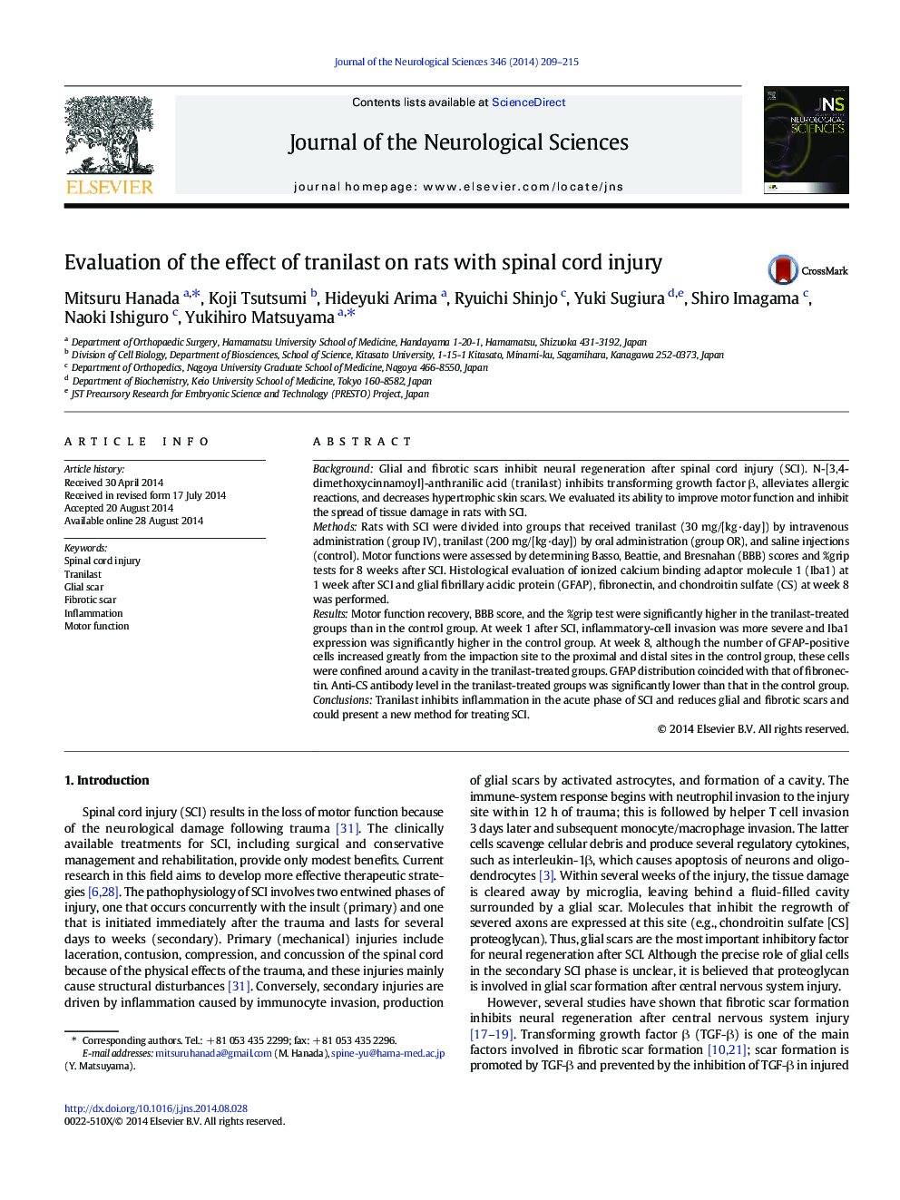 Evaluation of the effect of tranilast on rats with spinal cord injury