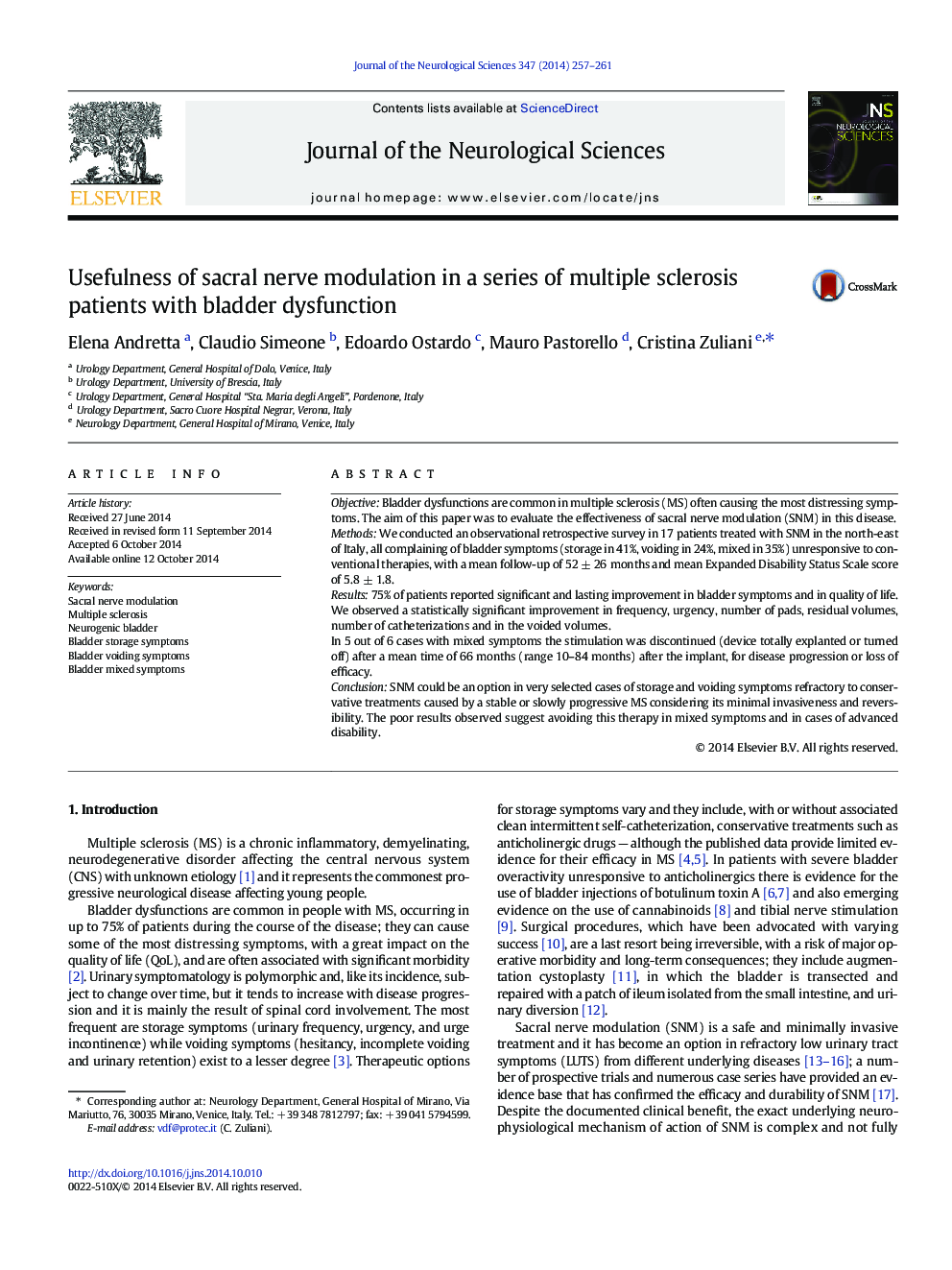 Usefulness of sacral nerve modulation in a series of multiple sclerosis patients with bladder dysfunction