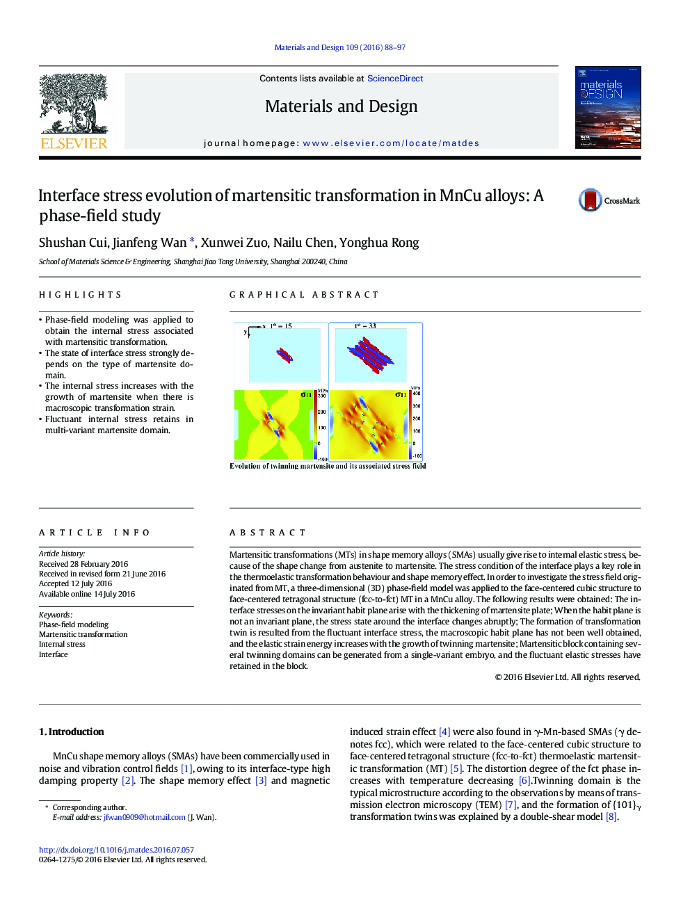 Interface stress evolution of martensitic transformation in MnCu alloys: A phase-field study