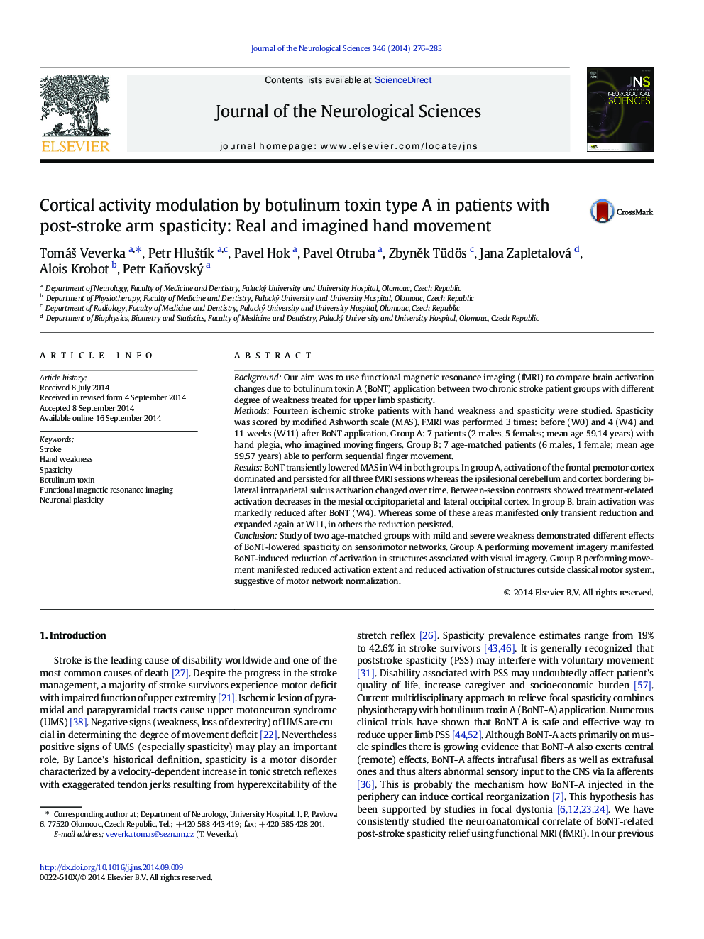 Cortical activity modulation by botulinum toxin type A in patients with post-stroke arm spasticity: Real and imagined hand movement