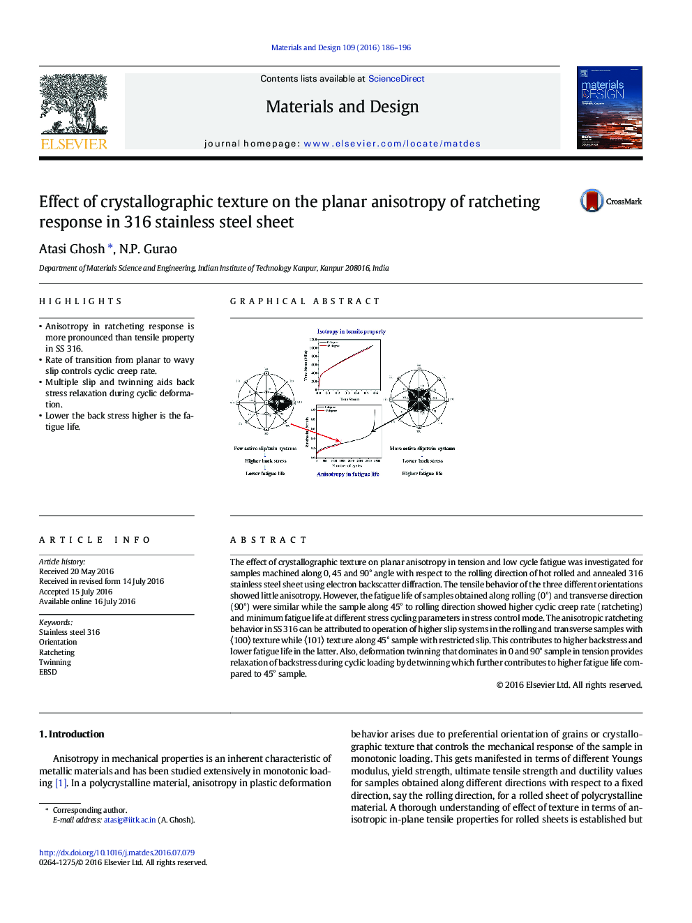 Effect of crystallographic texture on the planar anisotropy of ratcheting response in 316 stainless steel sheet