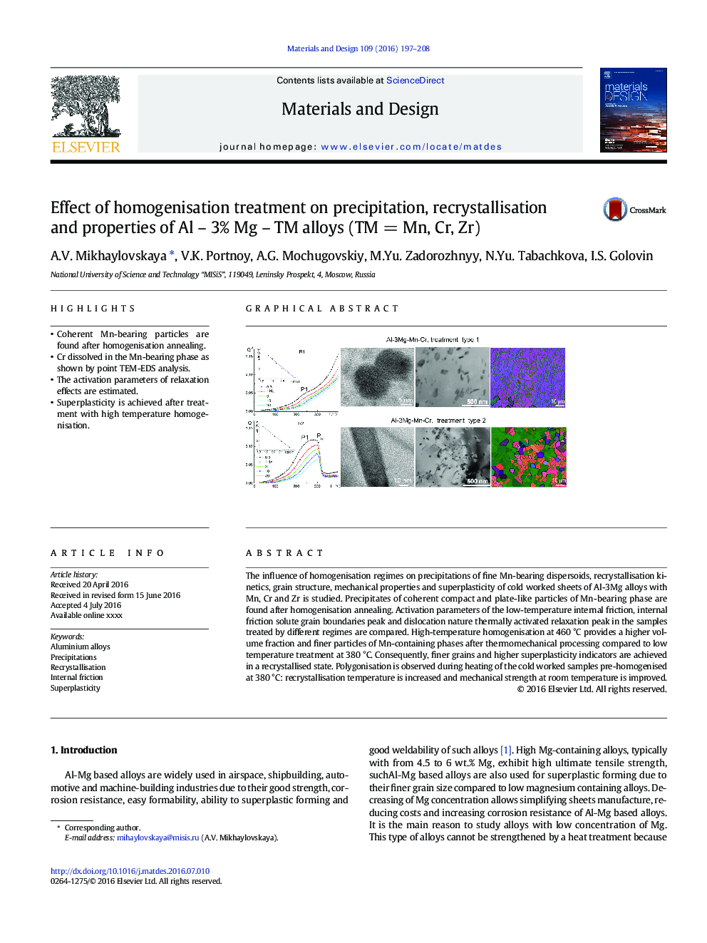 Effect of homogenisation treatment on precipitation, recrystallisation and properties of Al – 3% Mg – TM alloys (TM = Mn, Cr, Zr)