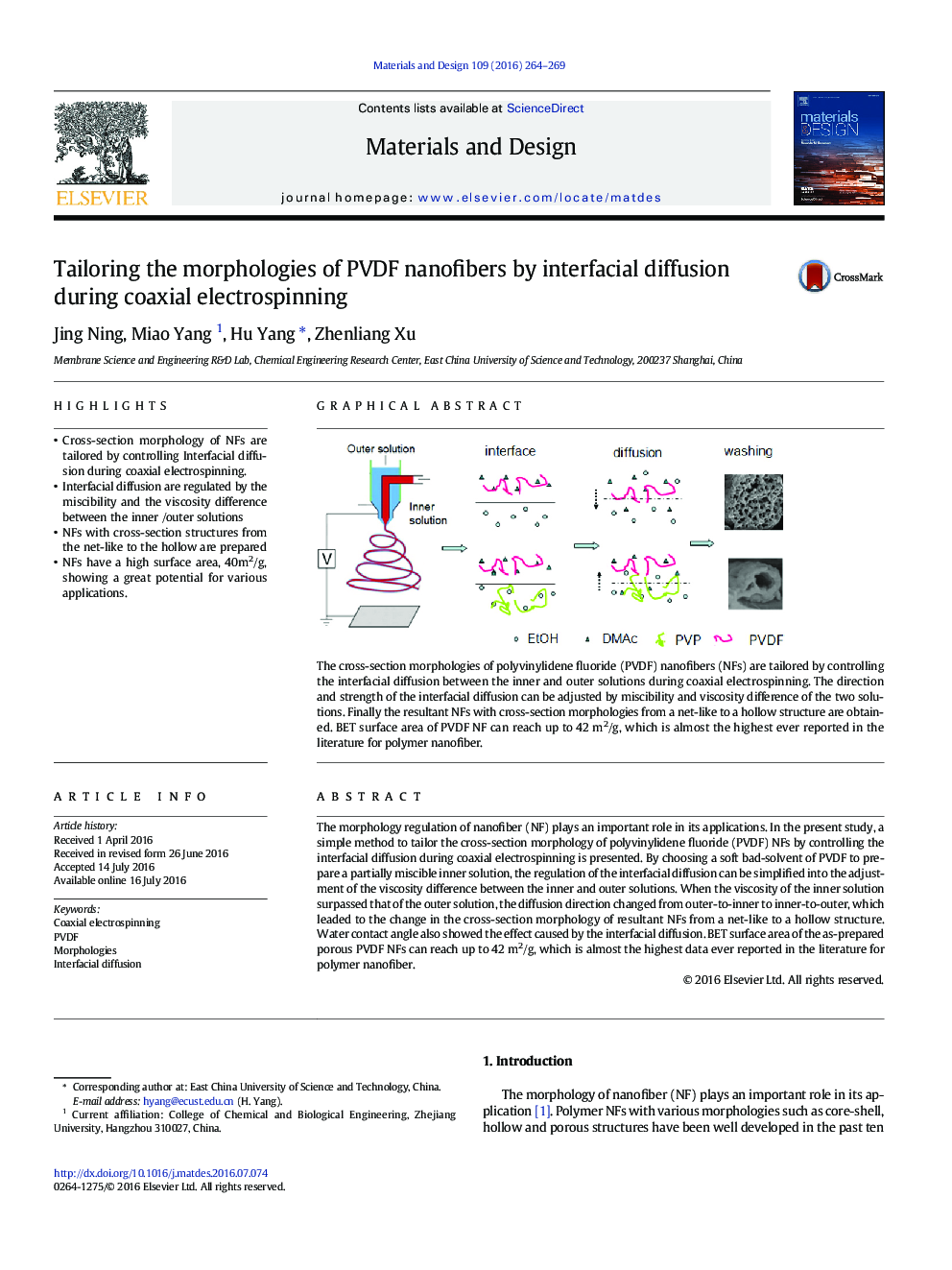 Tailoring the morphologies of PVDF nanofibers by interfacial diffusion during coaxial electrospinning