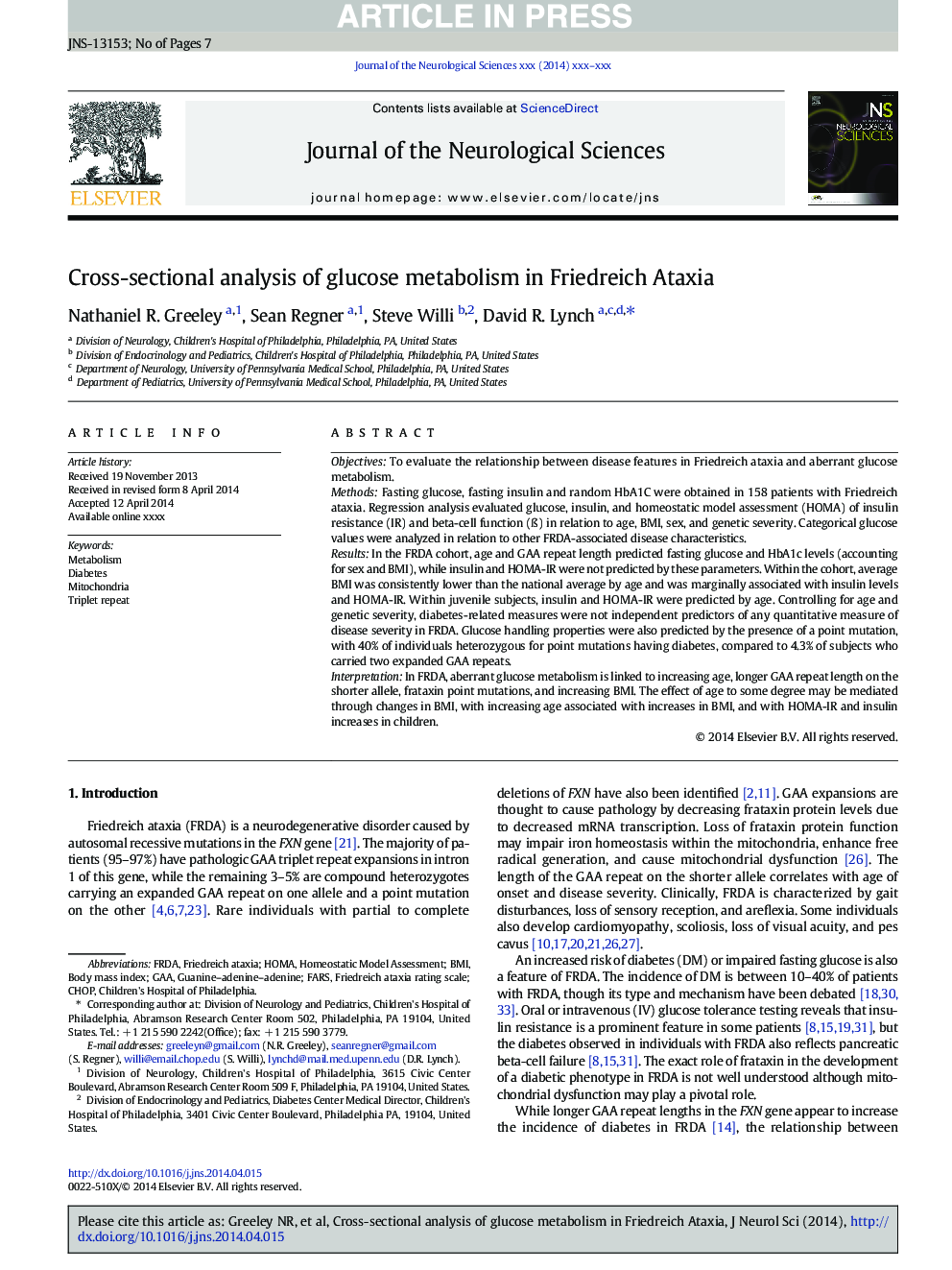 Cross-sectional analysis of glucose metabolism in Friedreich Ataxia